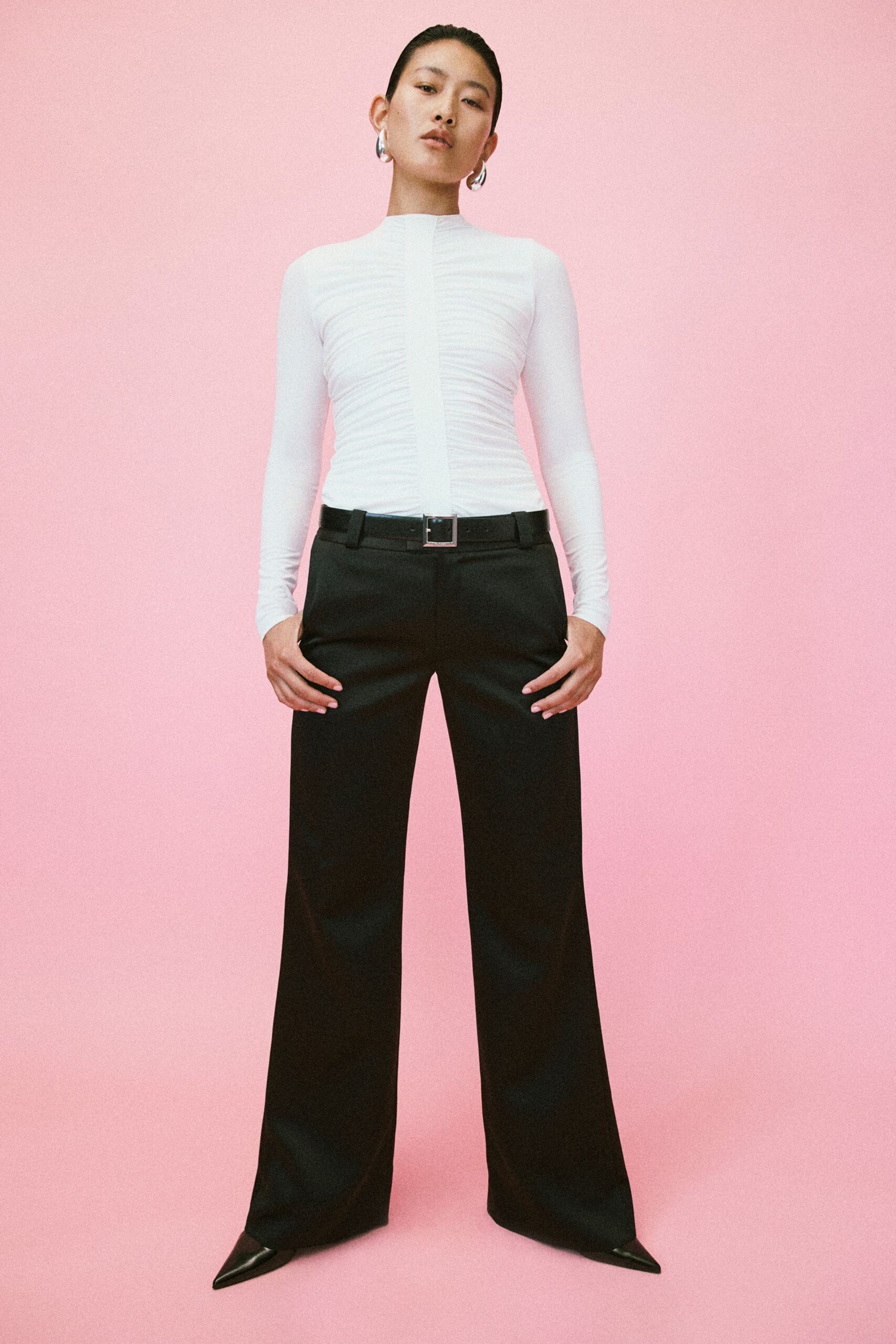 white cotton long-sleeve high-neck fitted ruched top