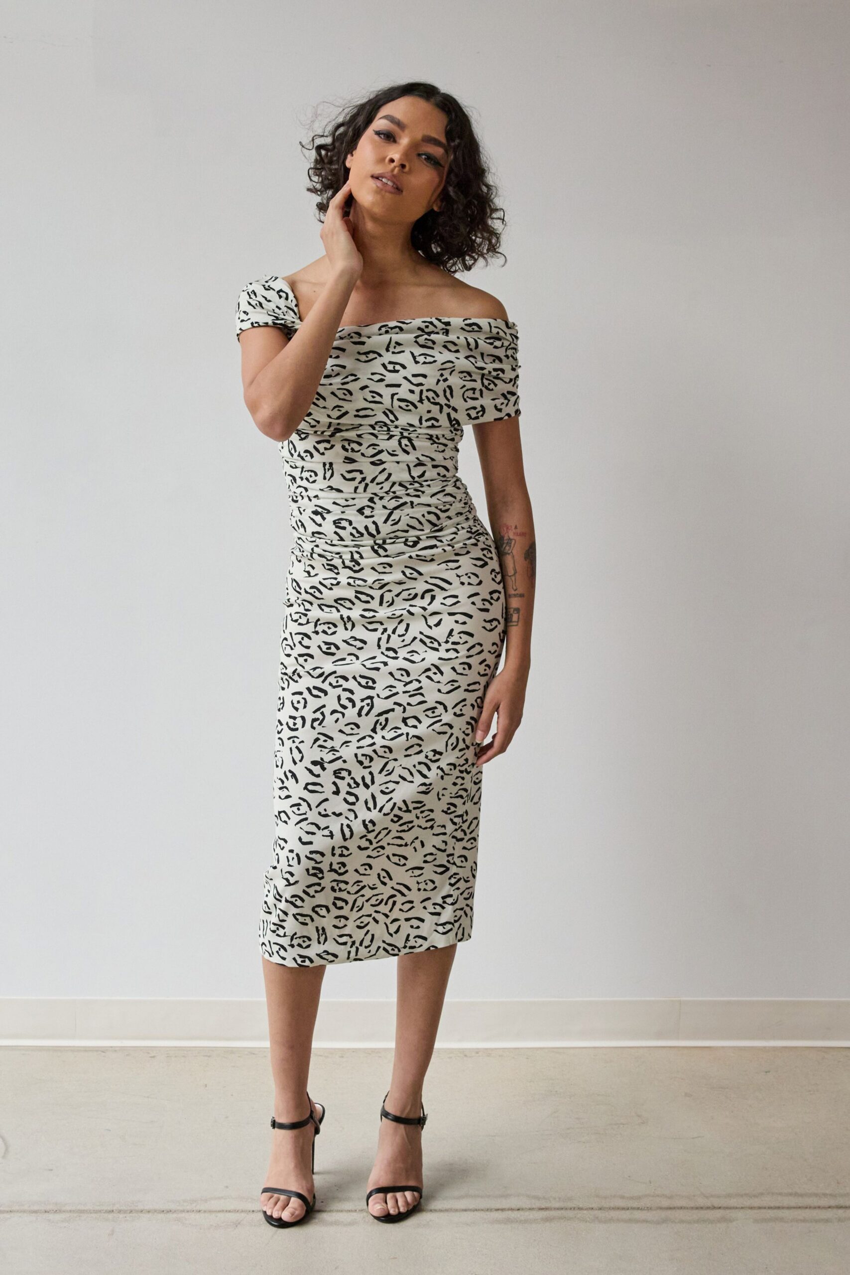 off-shoulder animal-print midi dress