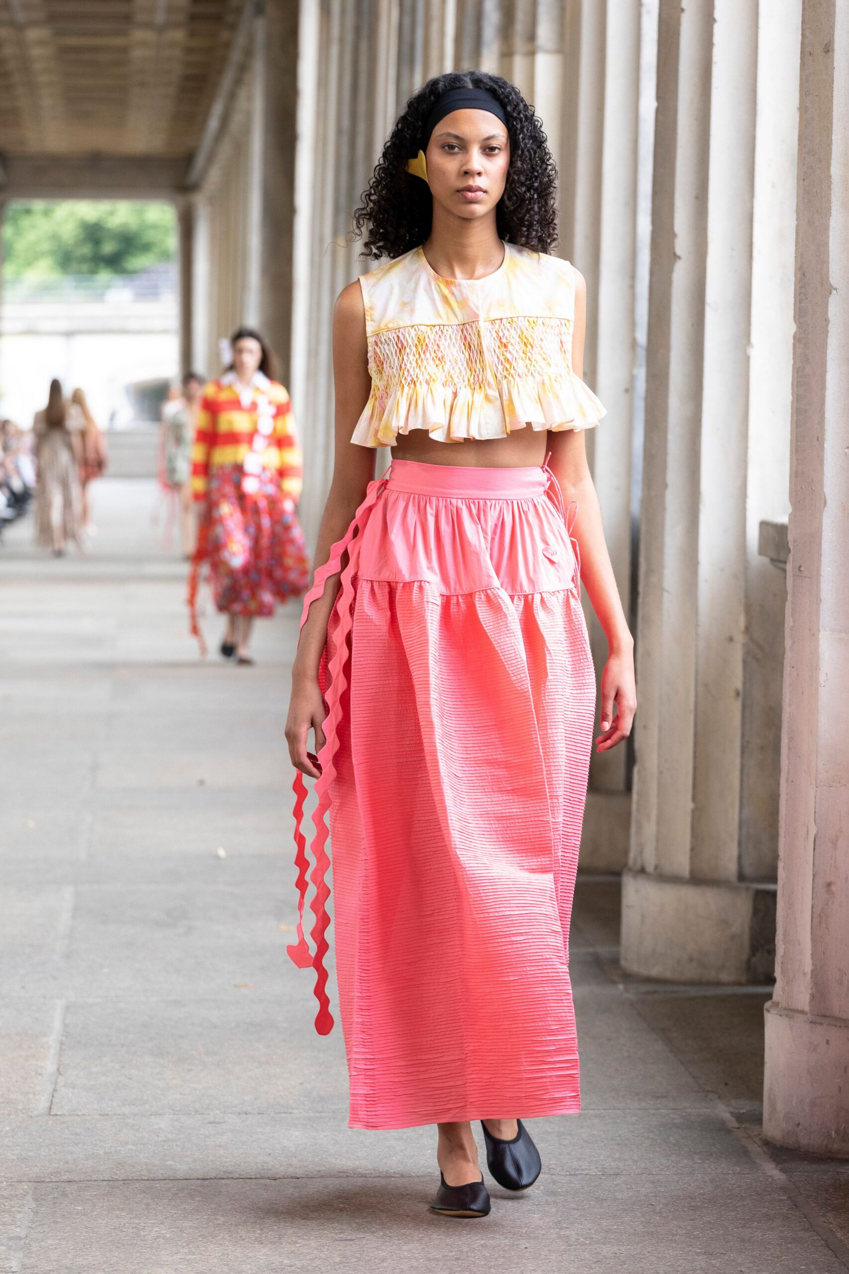 beige ruffled top pink maxi skirt