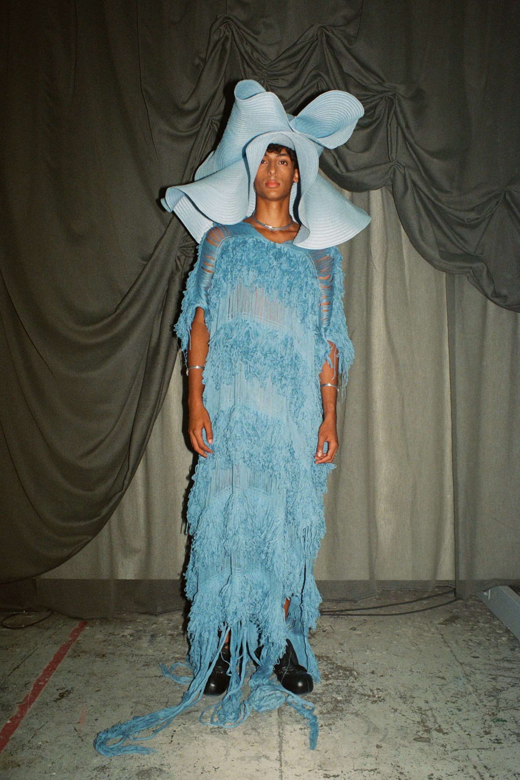 blue fringed maxi dress with hat