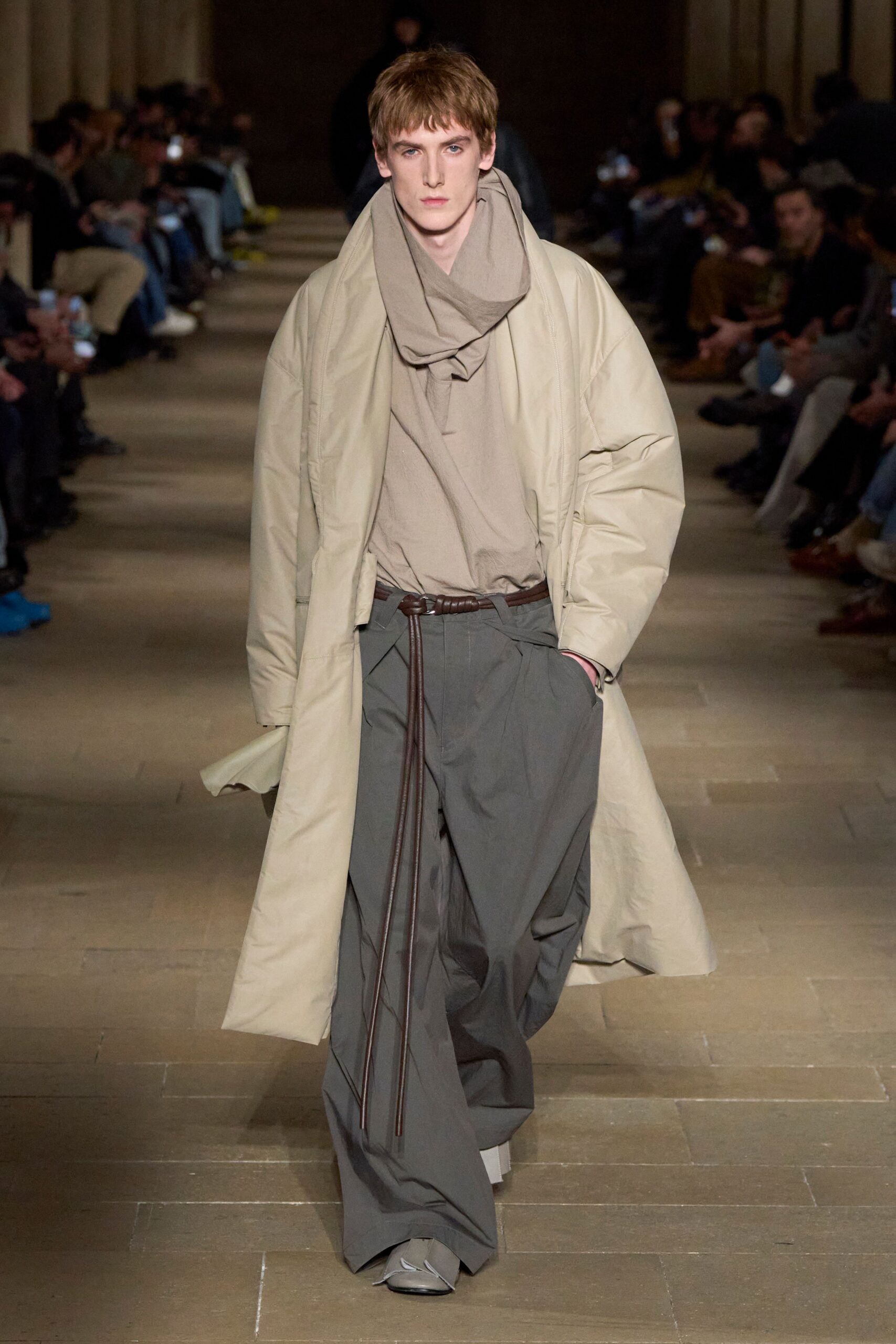 beige oversized coat with gray top