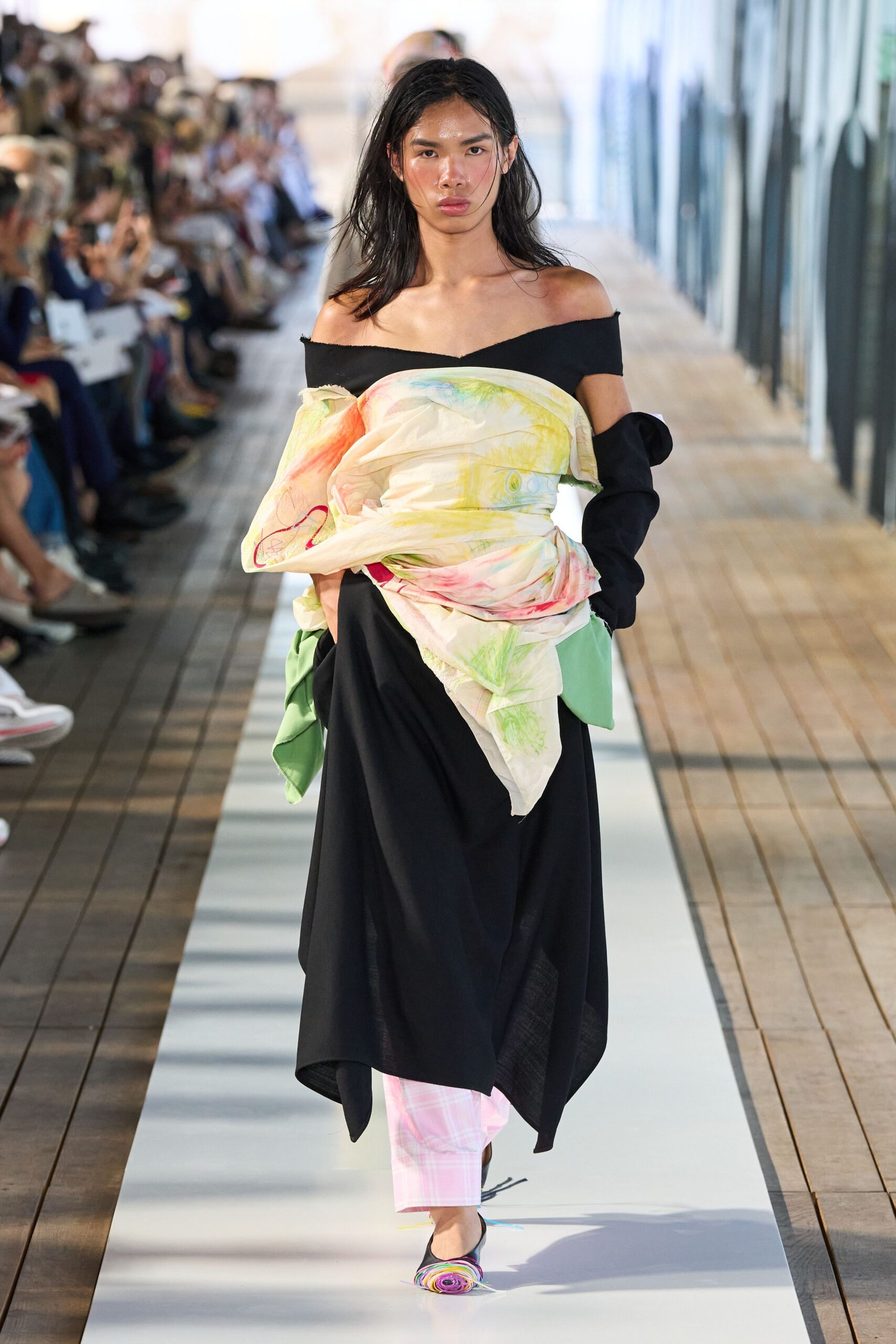 black cotton off-shoulder fitted layered midi dress