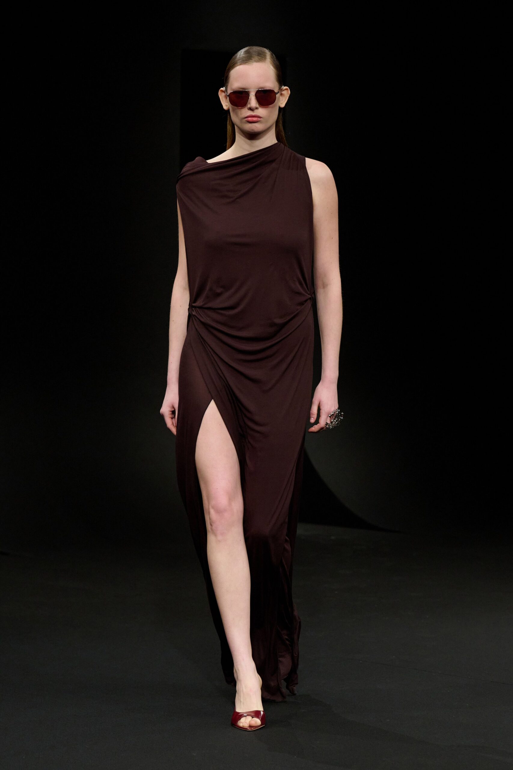 brown silk sleeveless high-neck fitted draped maxi dress