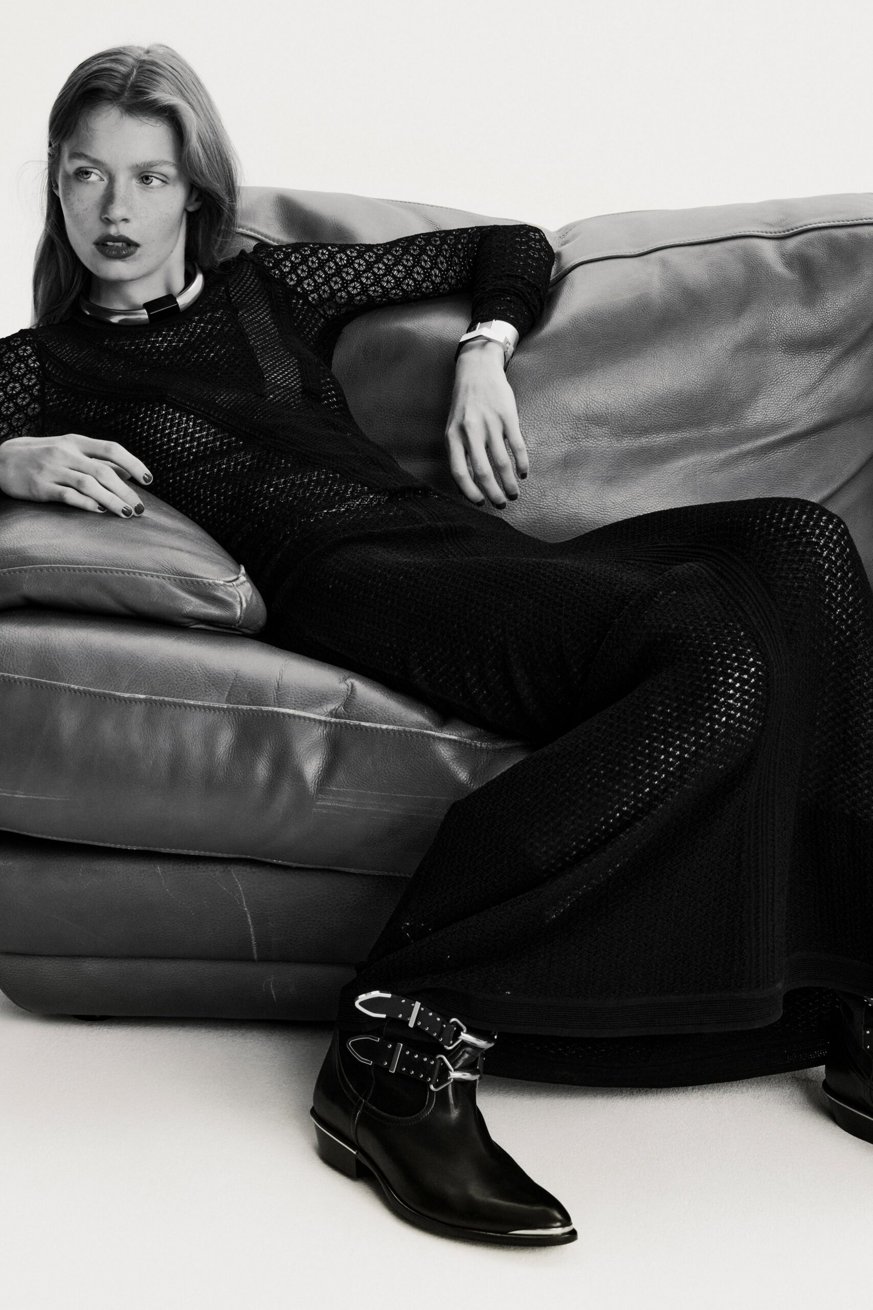 black knit long-sleeve high-neck fitted textured maxi dress