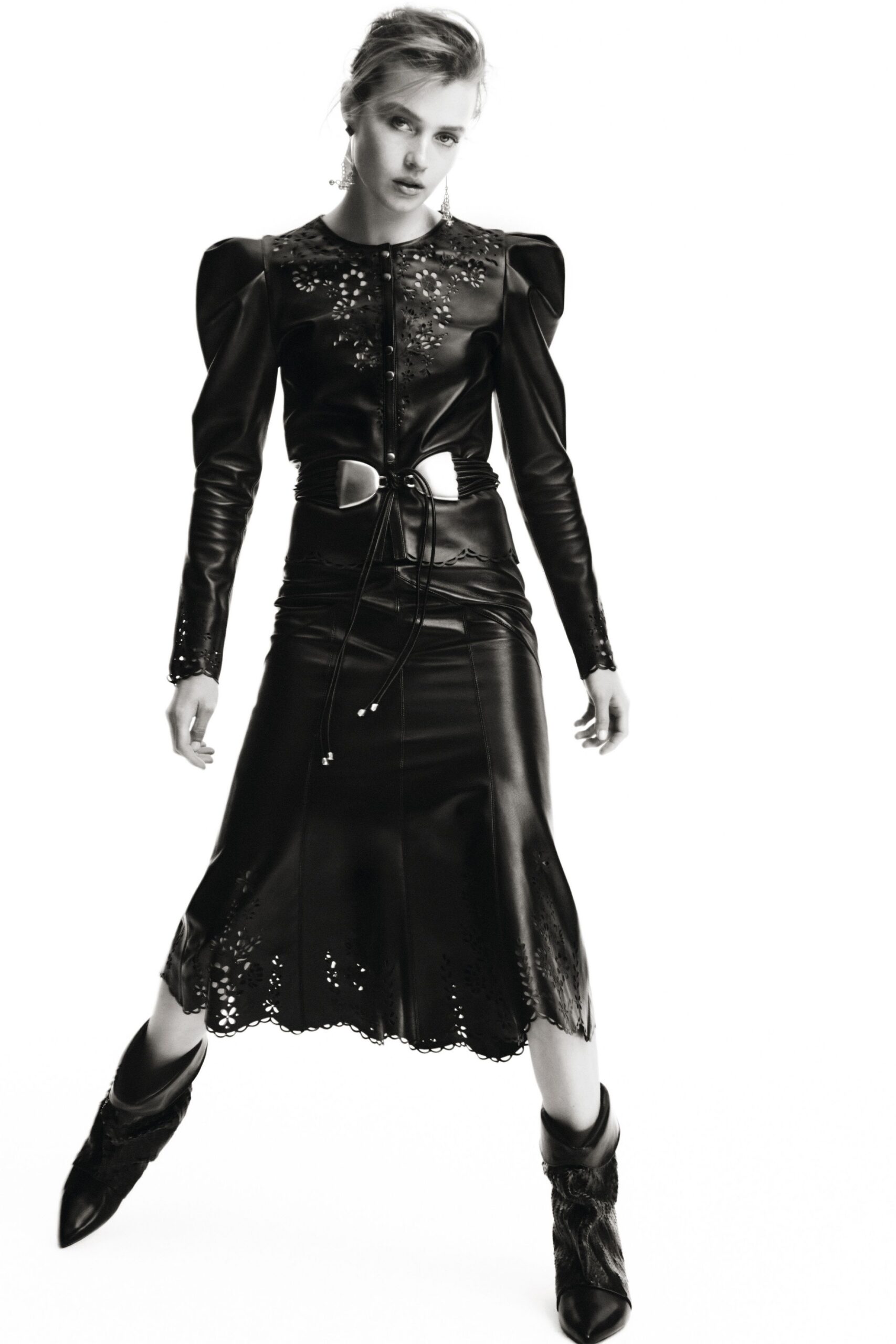black leather long-sleeve v-neck fitted pleated embroidered dress
