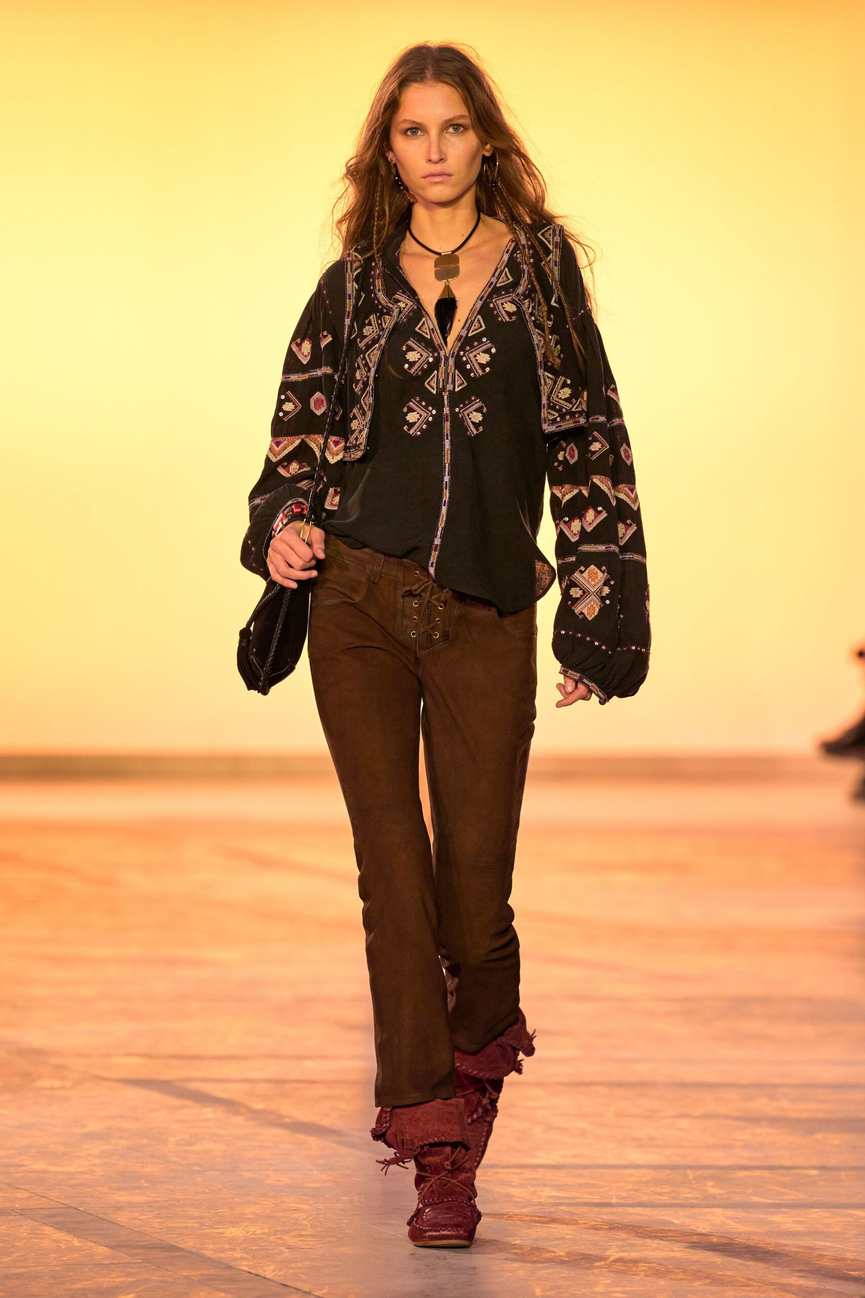 black cotton long-sleeve v-neck relaxed embroidered top