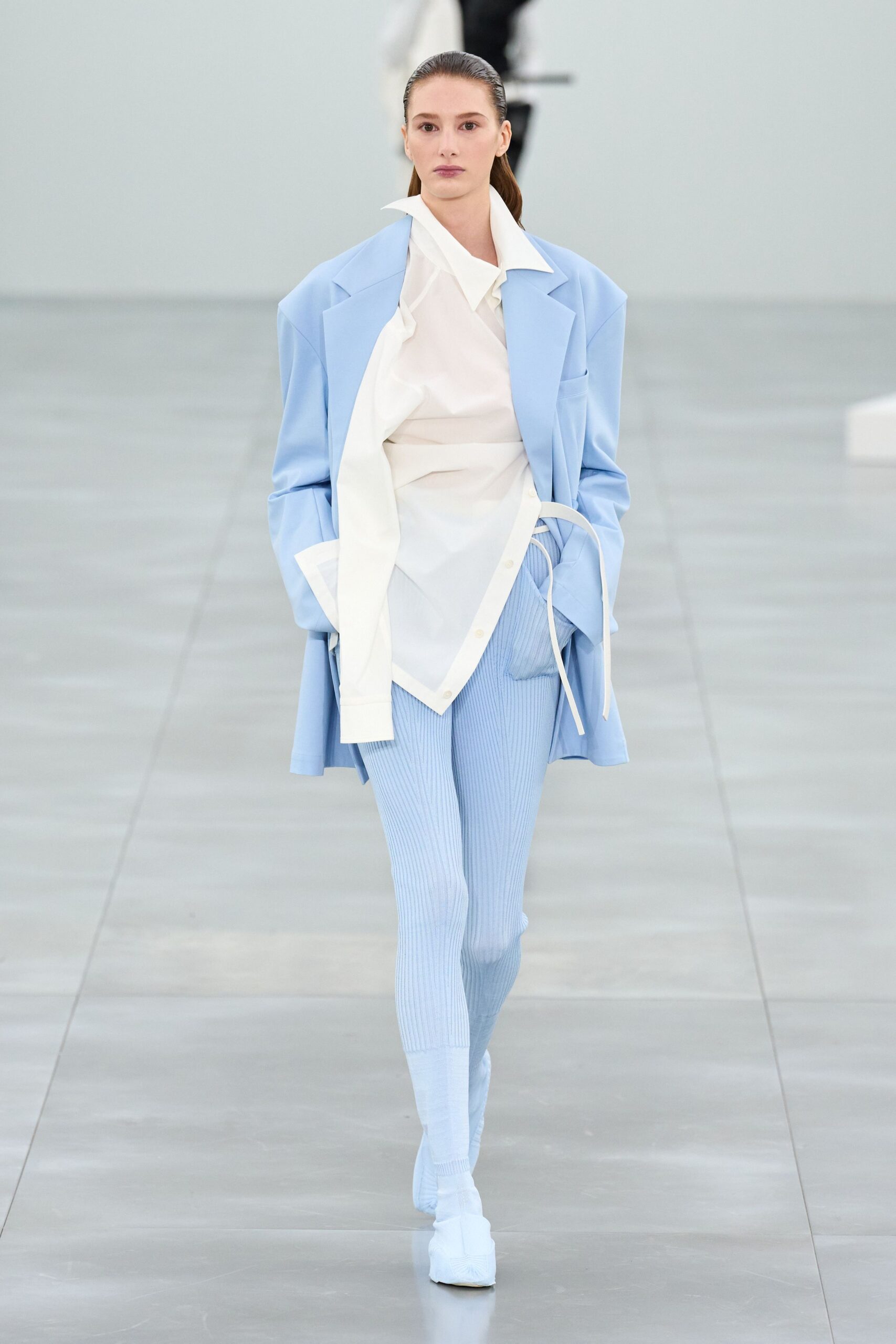 blue cotton fitted high-waisted ribbed pants