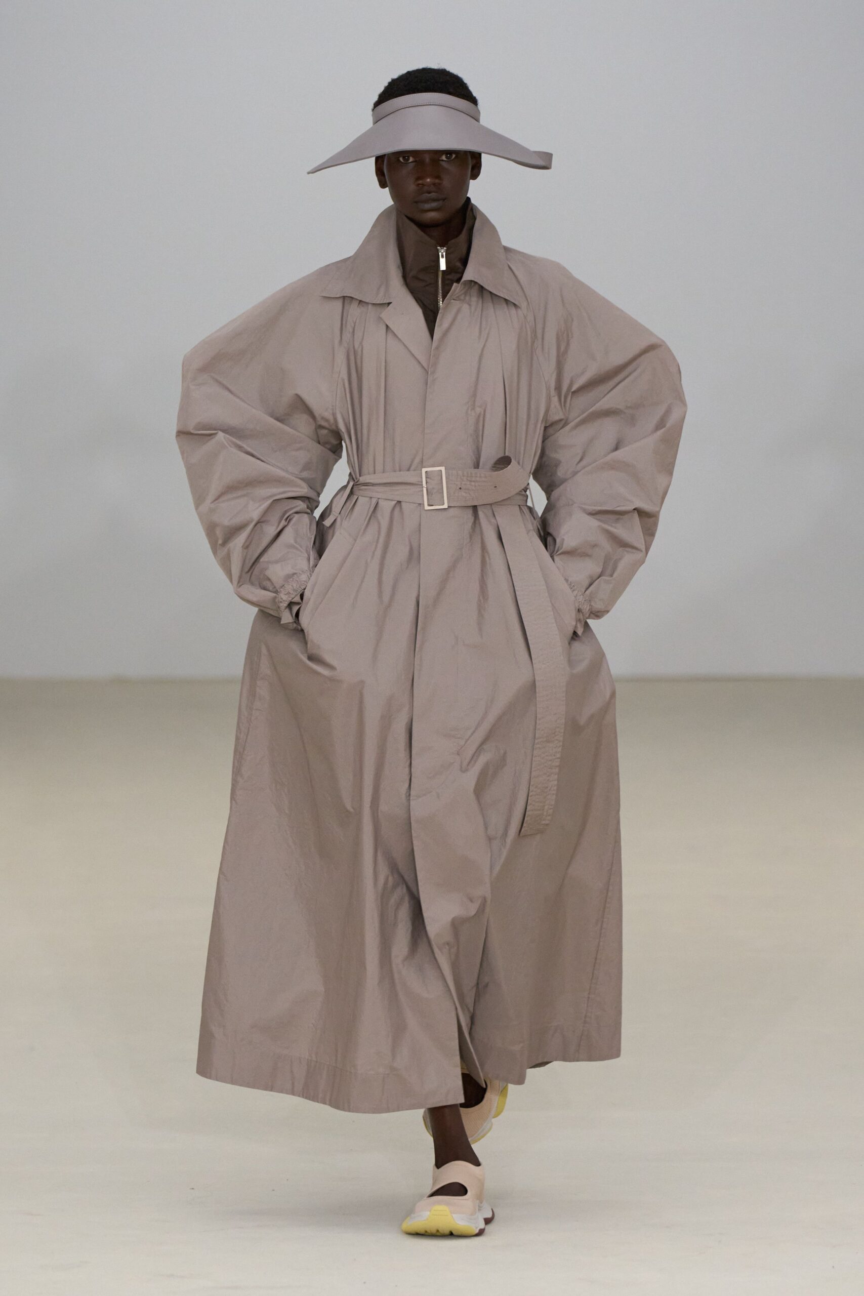 beige cotton long-sleeve collared oversized belted buttoned coat