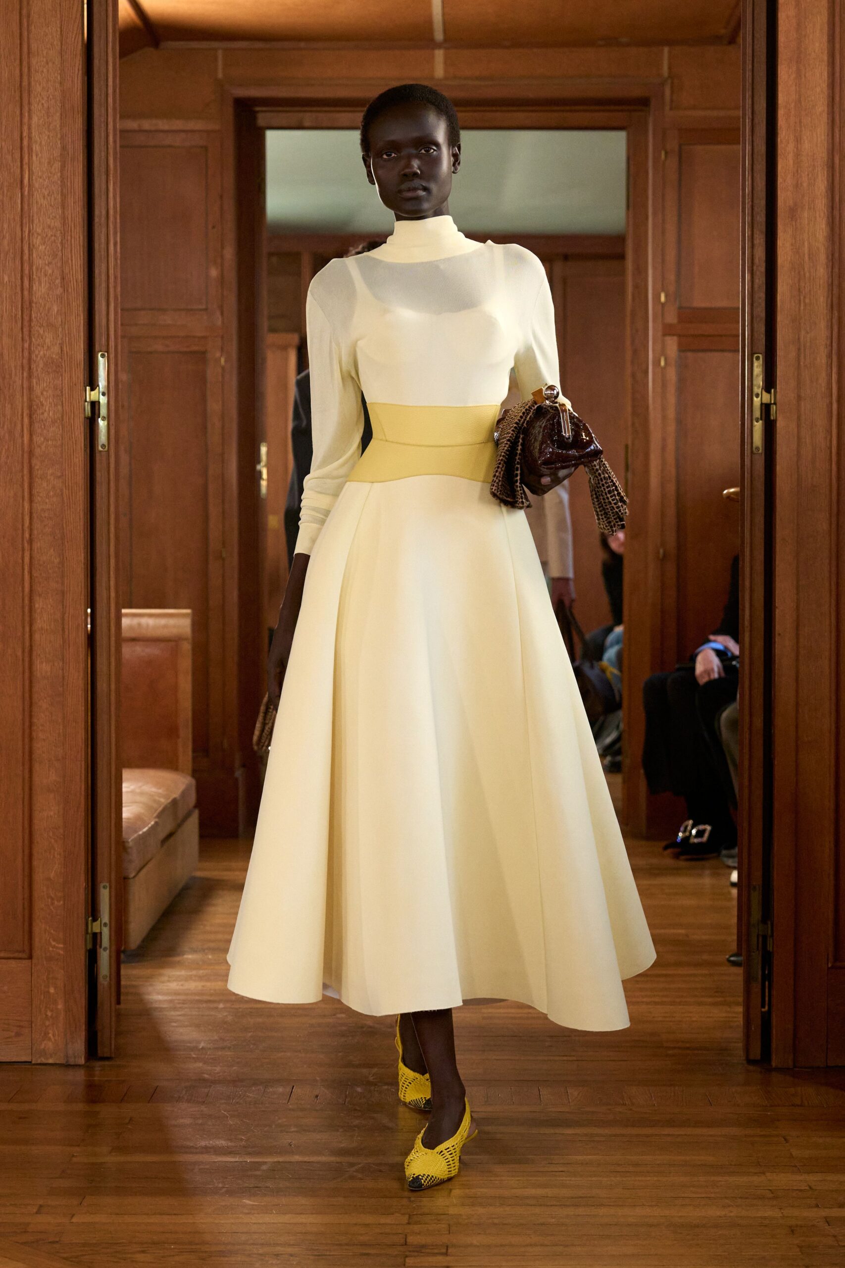 white silk long-sleeve high-neck fitted pleated belted dress