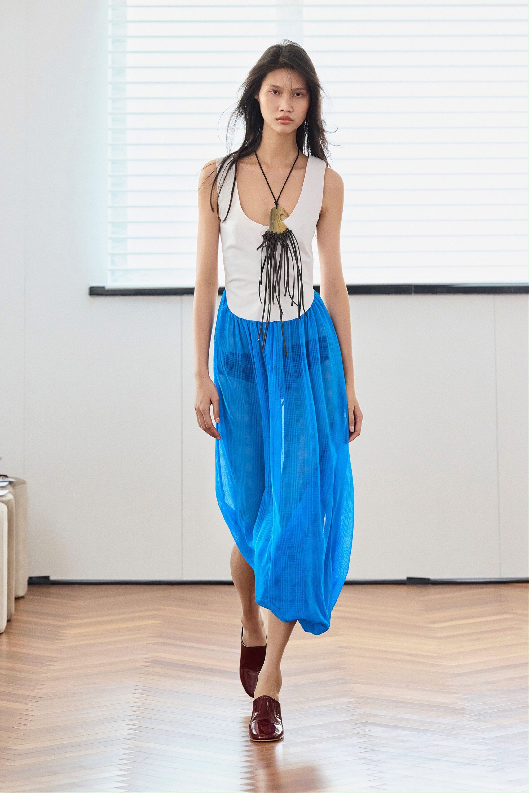blue chiffon long-sleeve relaxed layered sheer maxi skirt