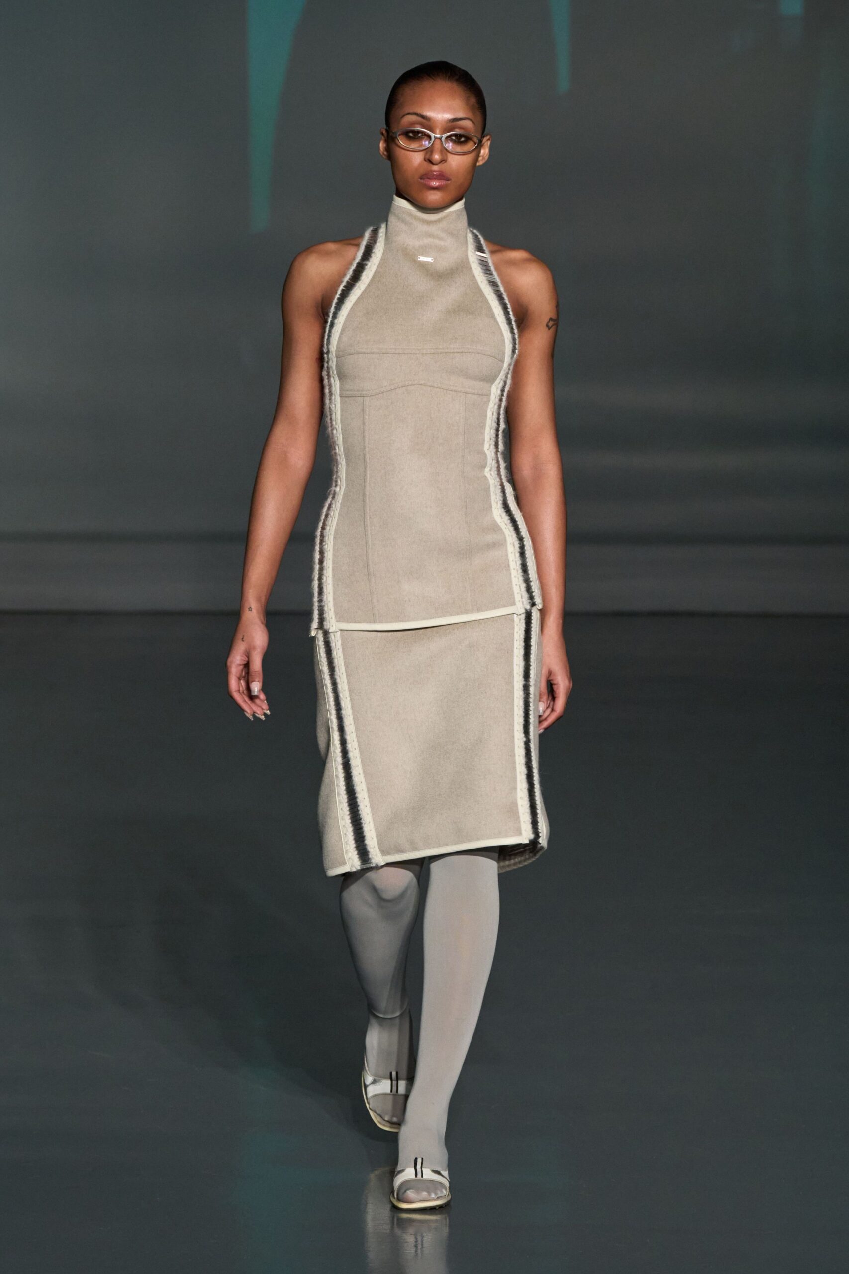 beige cotton sleeveless high-neck fitted structured midi dress