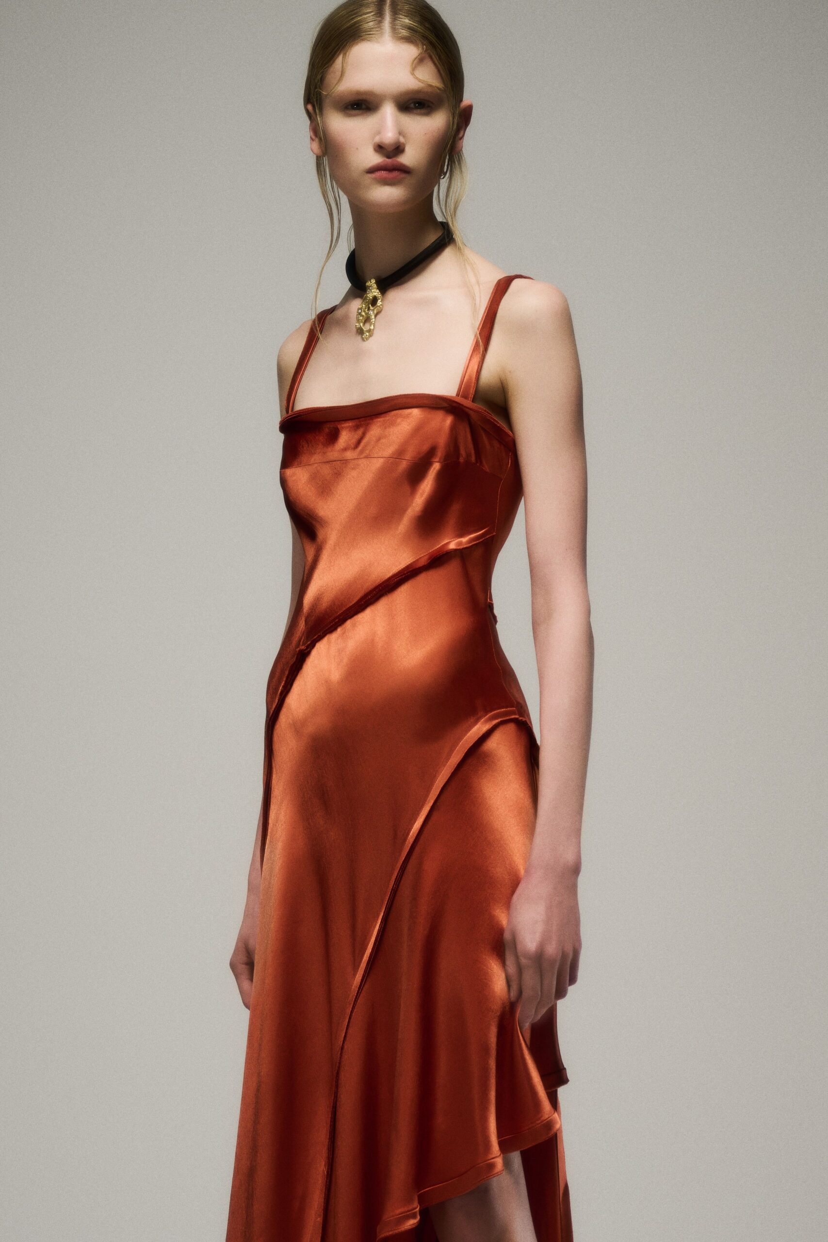 fitted orange silk dress