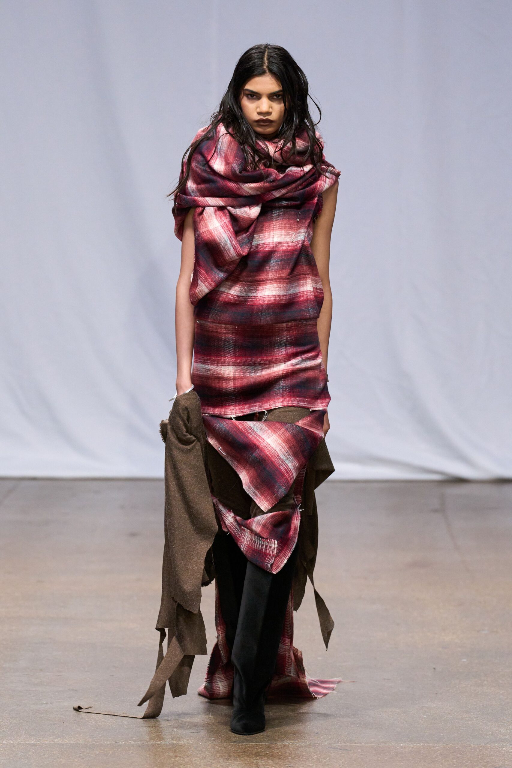 red plaid maxi dress with brown sweater
