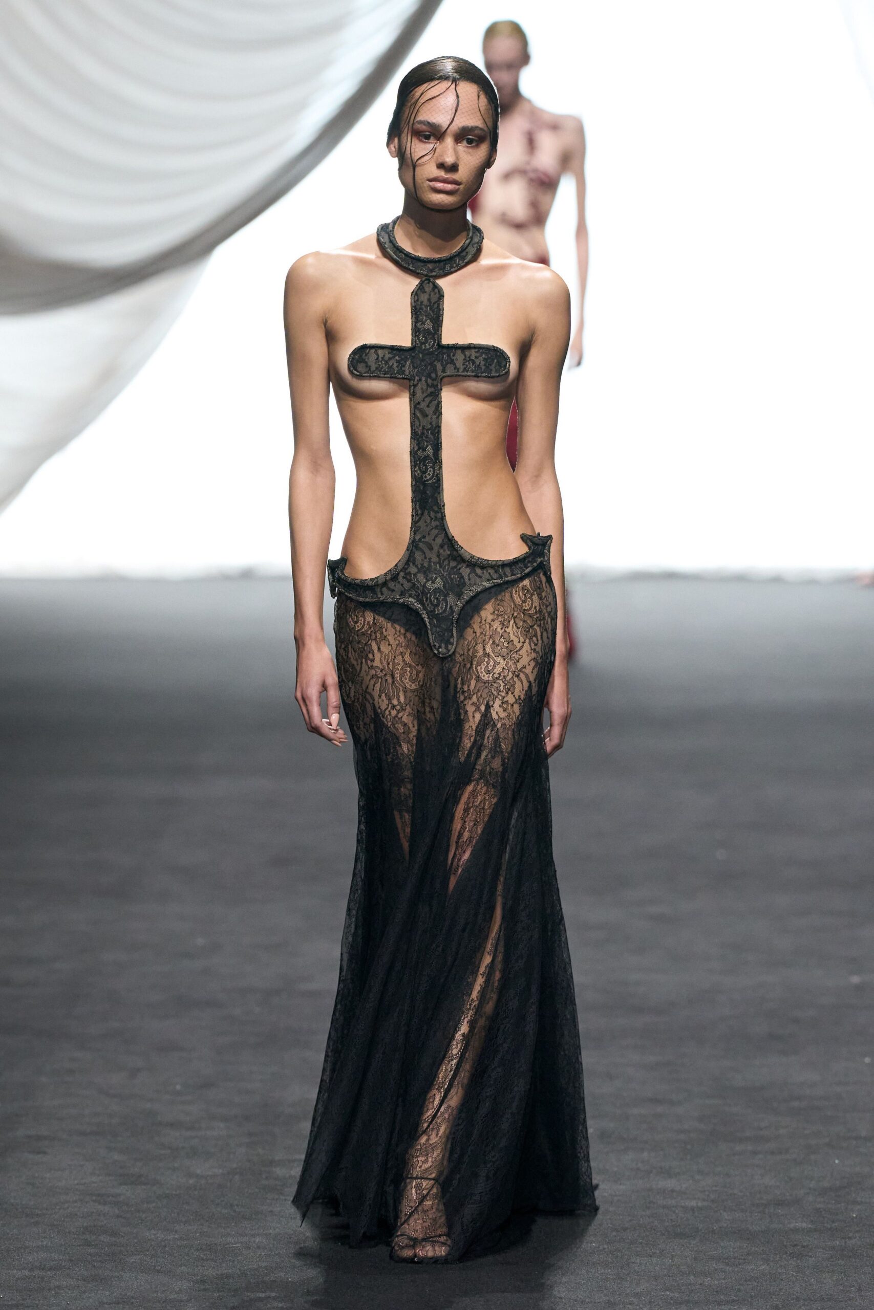 black lace fitted gown