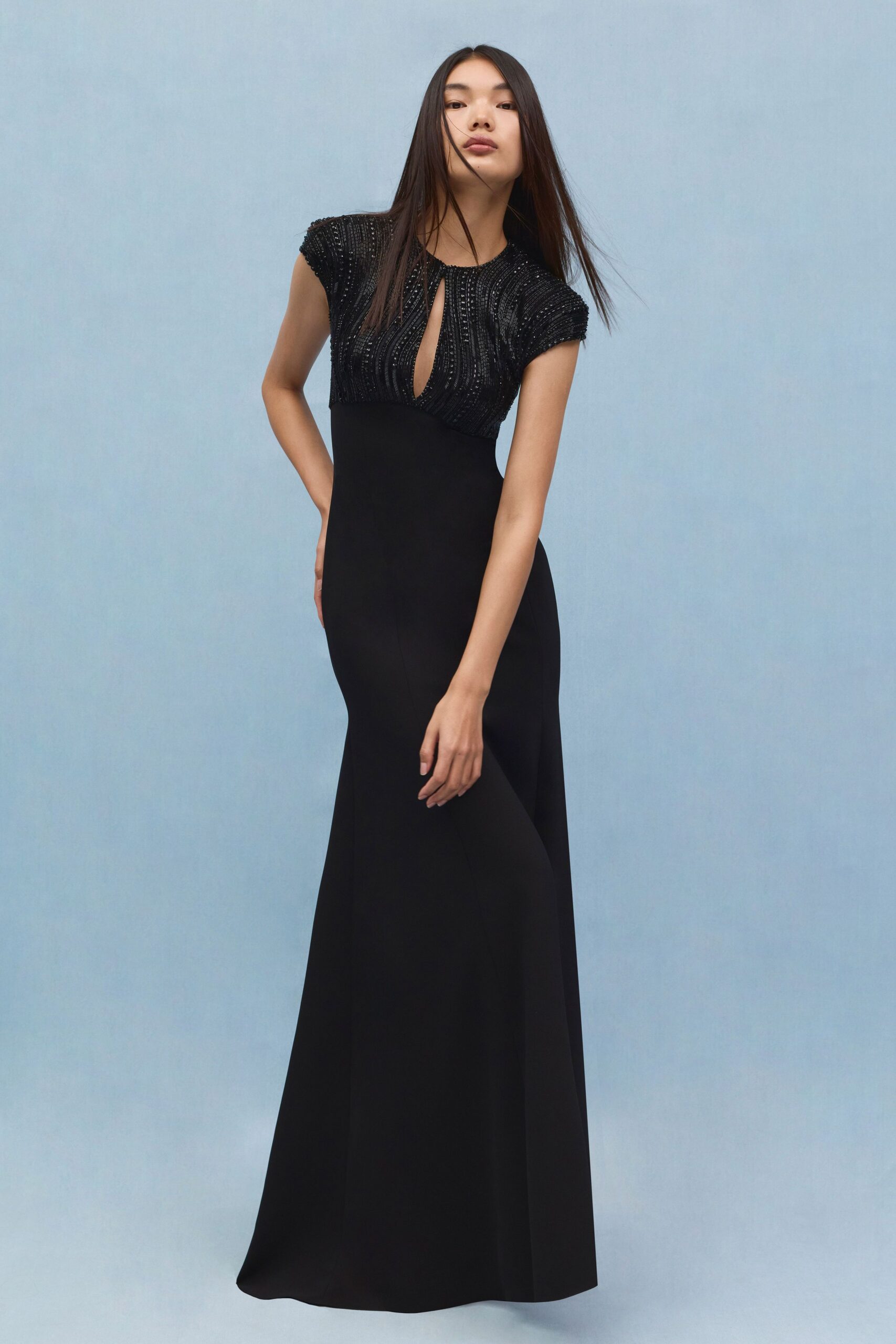 black beaded short-sleeve gown