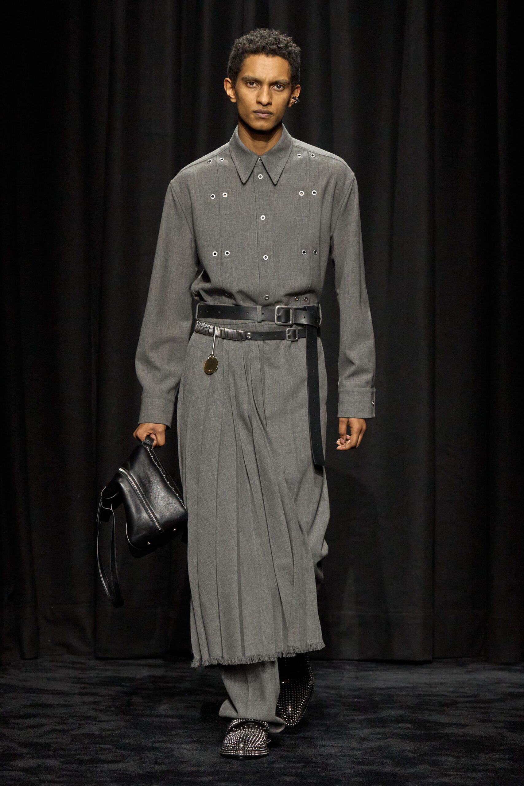 gray pleated shirt-dress with accessories