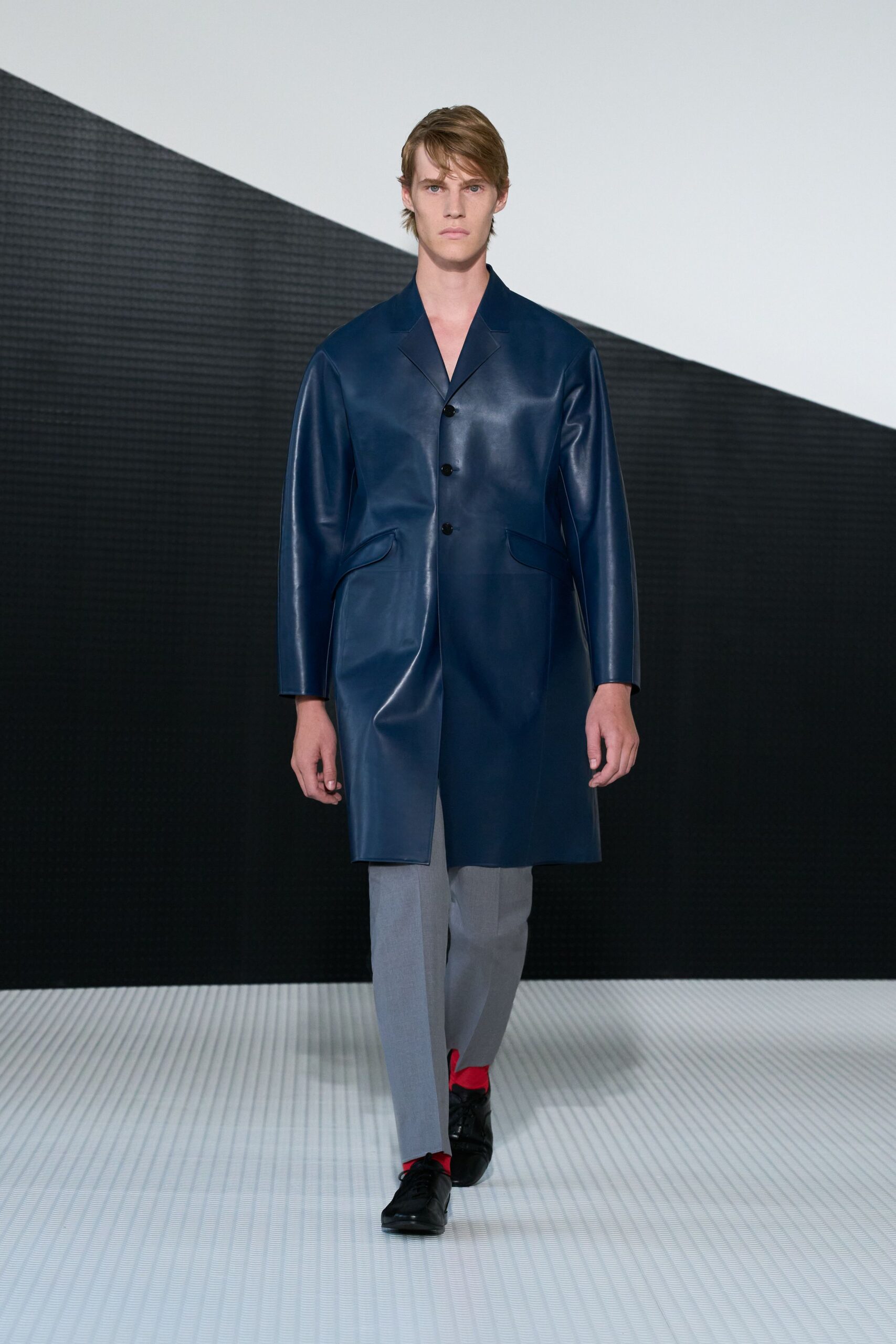 blue leather long-sleeve collared structured buttoned coat