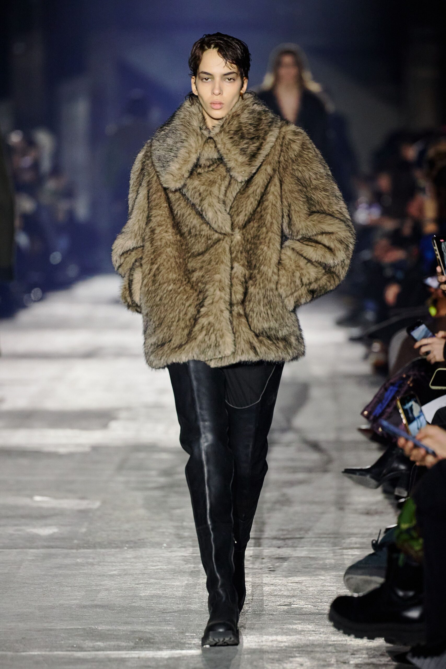 brown fur oversized coat and black leather pants