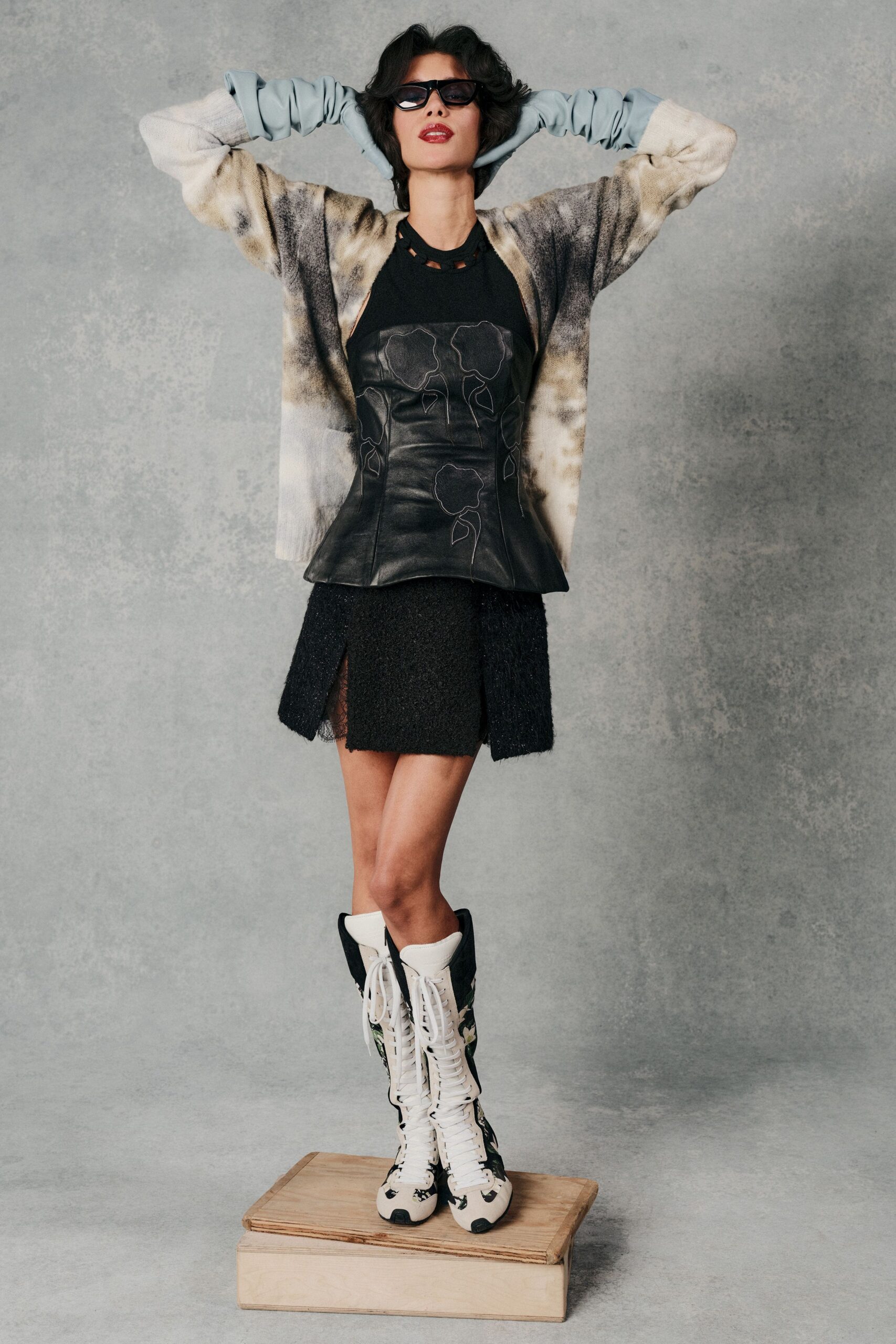 black lace asymmetric fitted mini skirt
