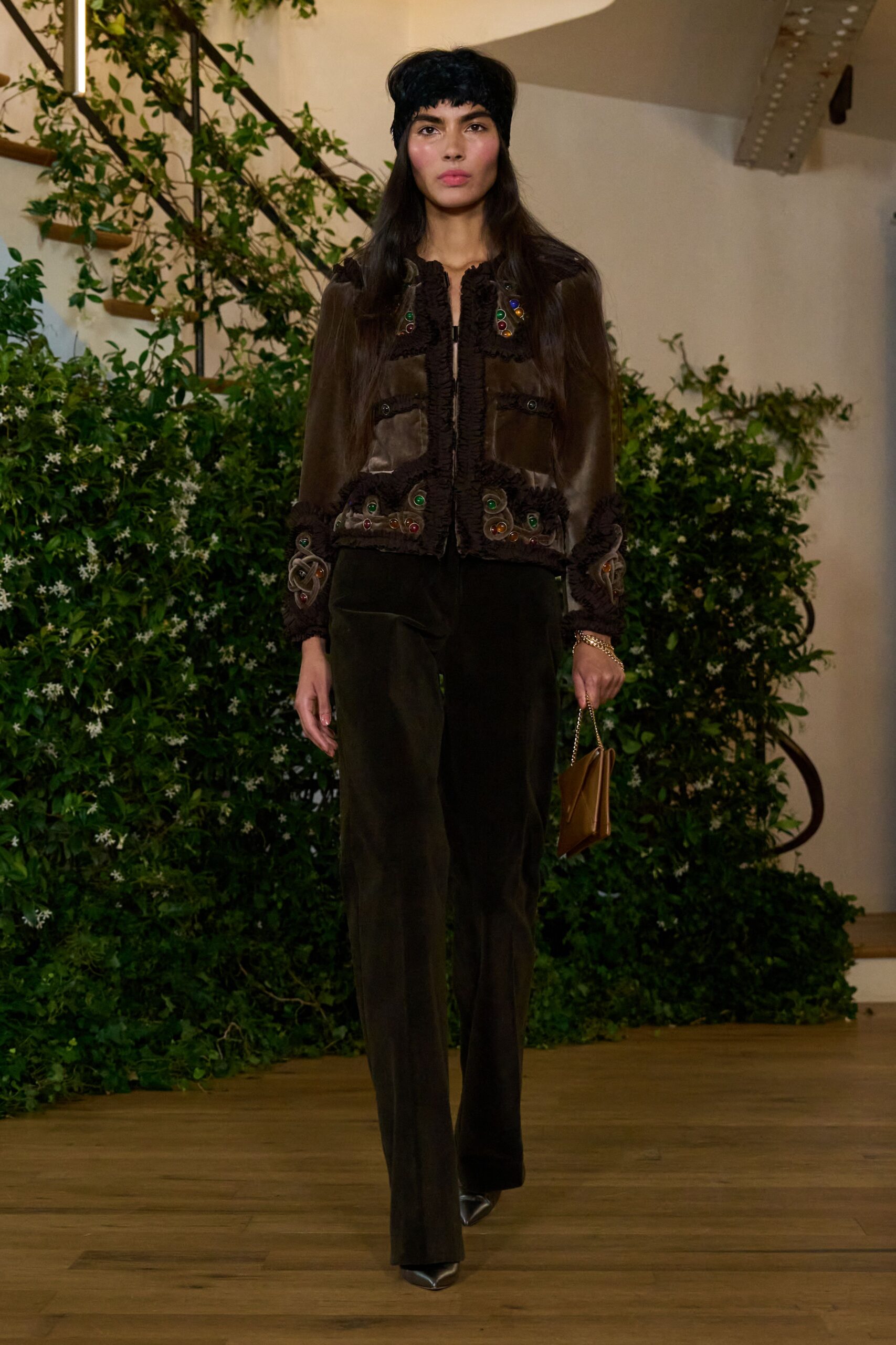 brown velvet long-sleeve collared fitted embroidered blouse