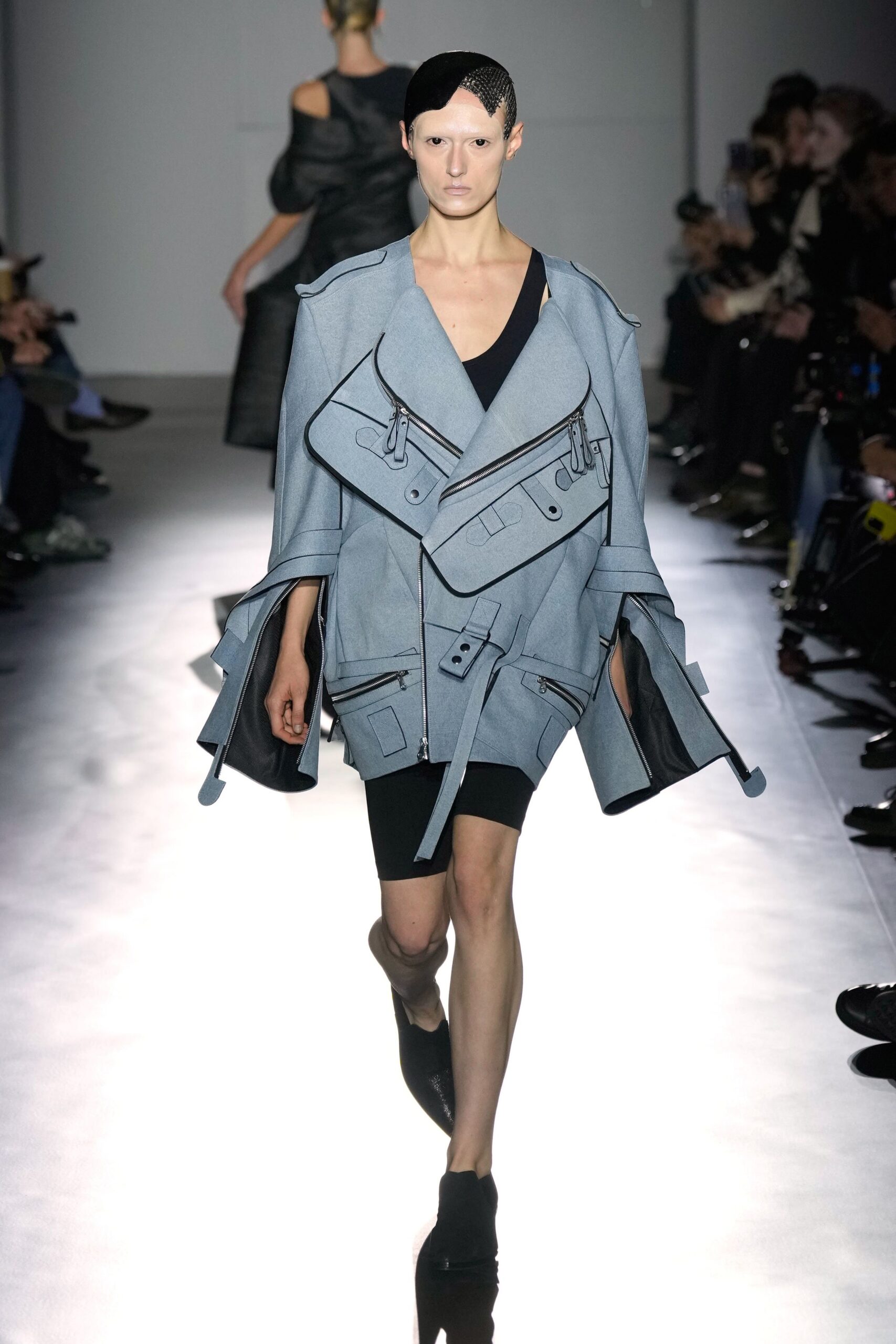gray cotton long-sleeve collared relaxed zippered layered jacket