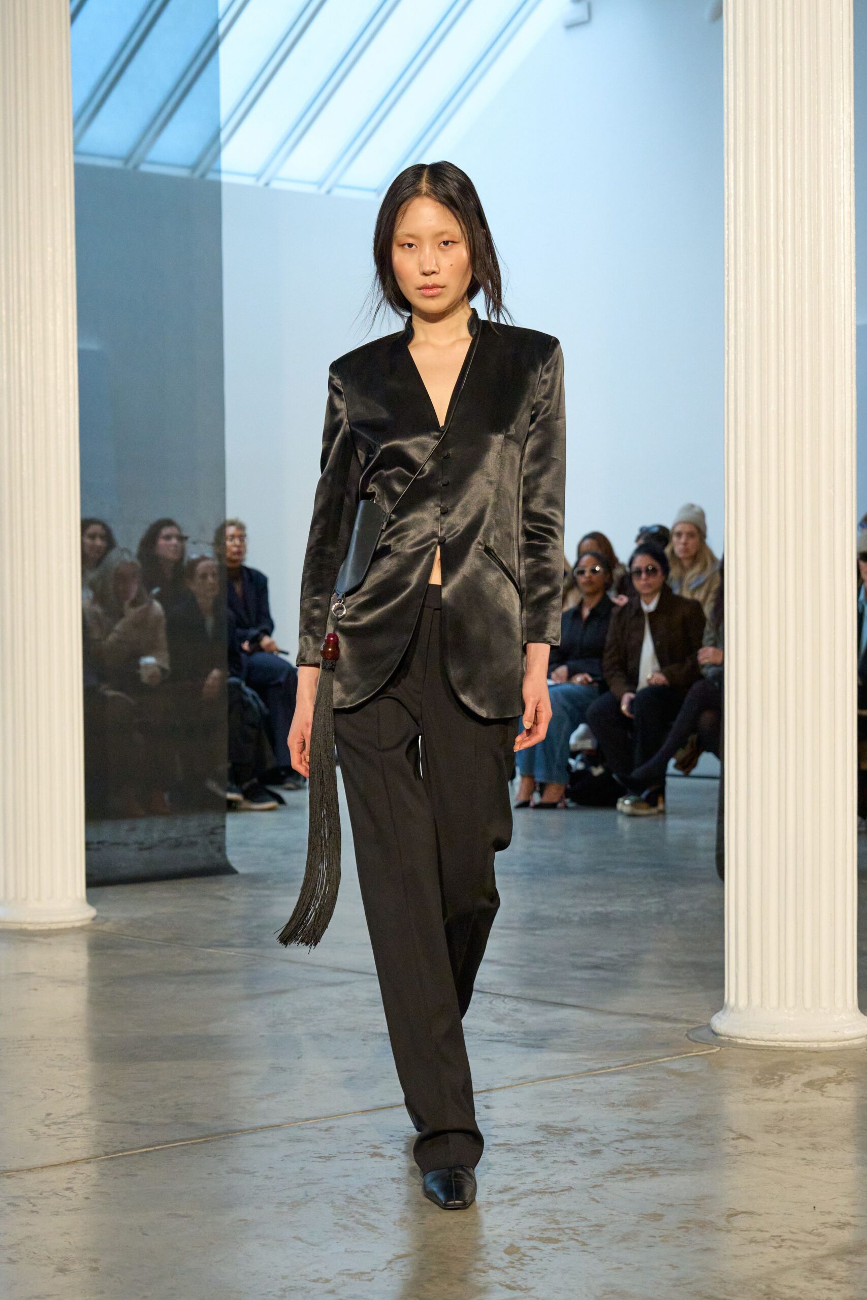 black silk fitted blazer and pants