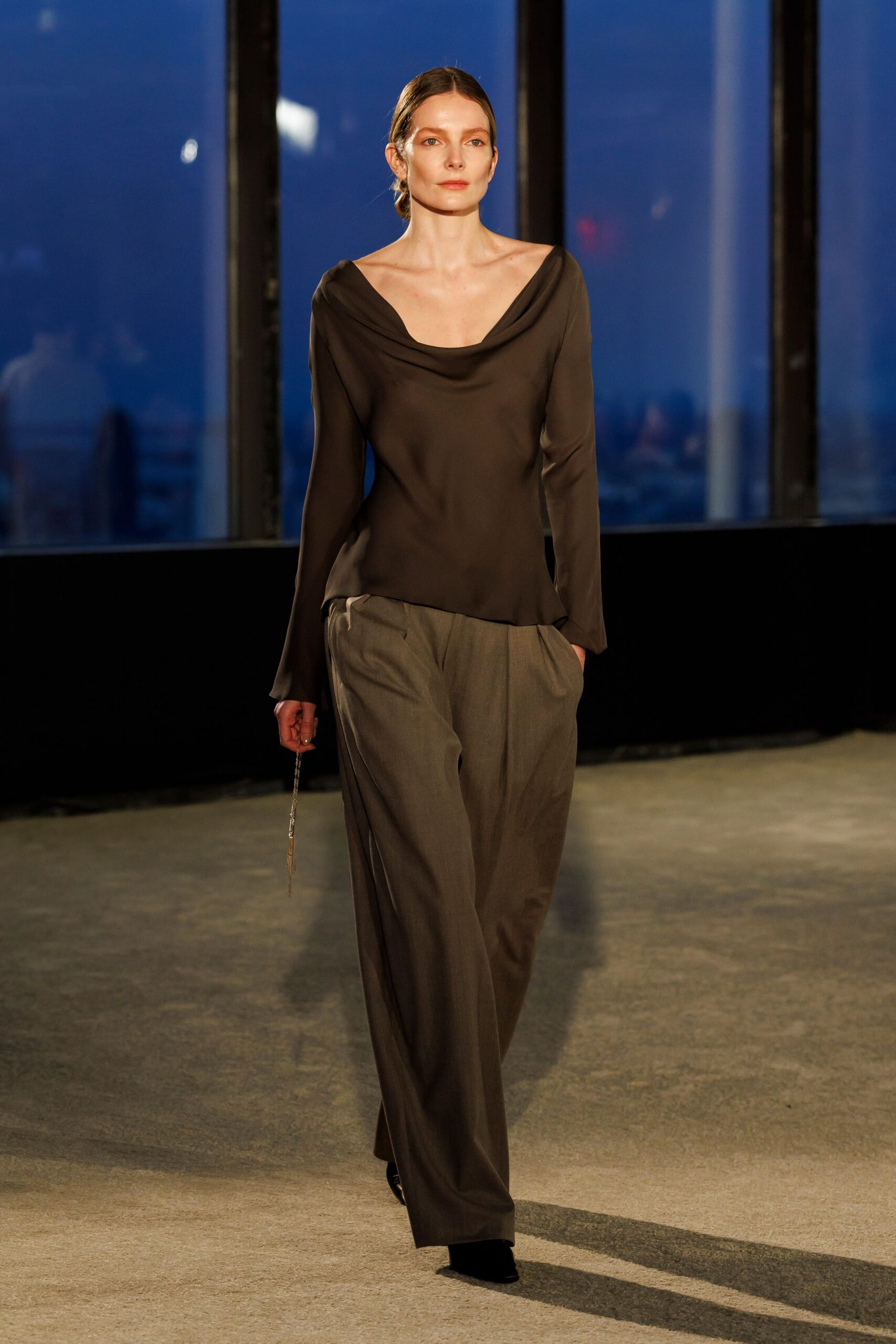 black silk top gray pants