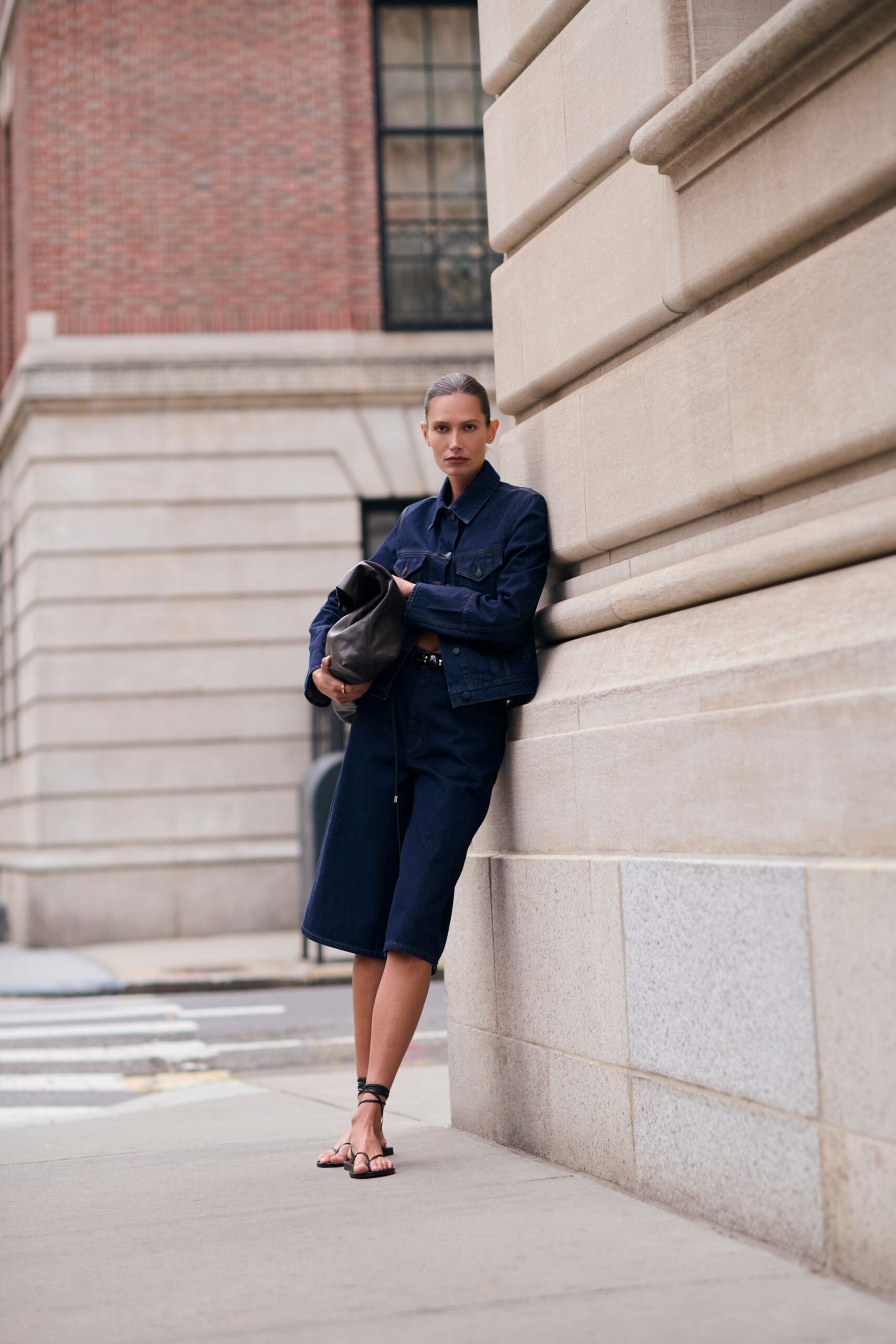 blue denim relaxed straight-leg midi skirt