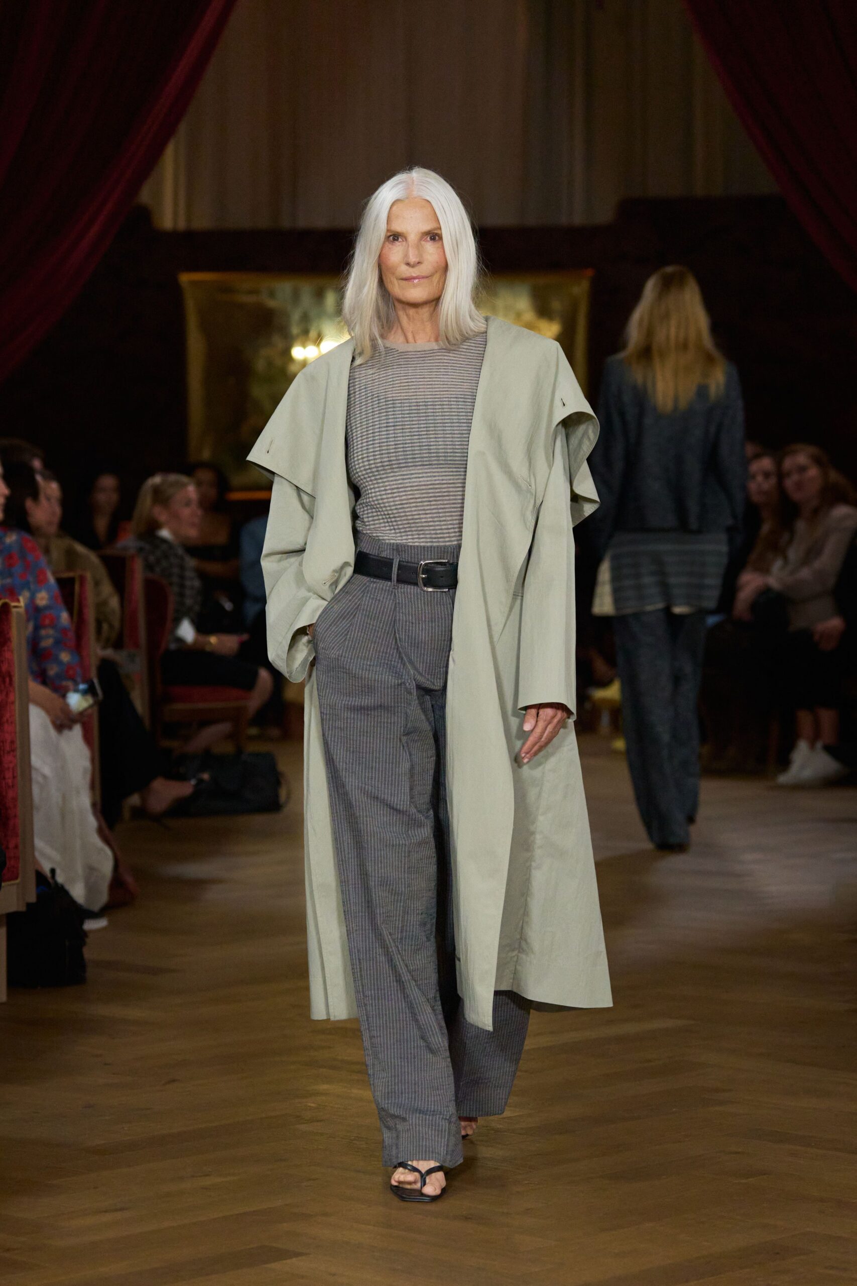 beige coat gray top tailored pants