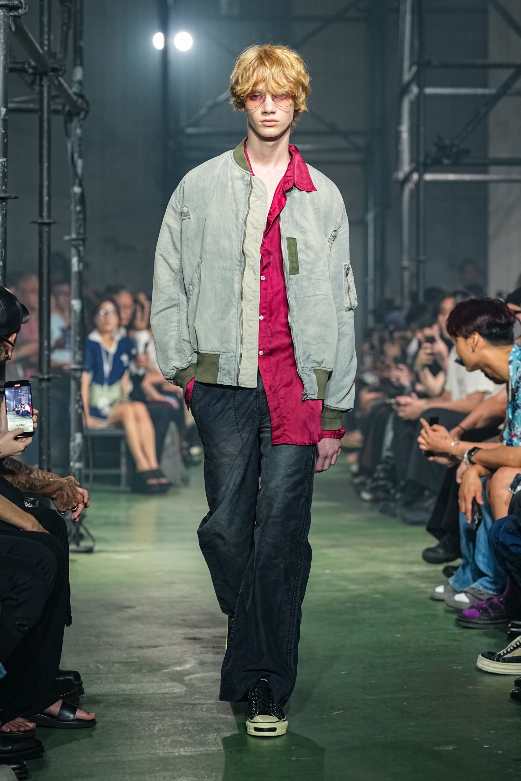 gray jacket red shirt black pants
