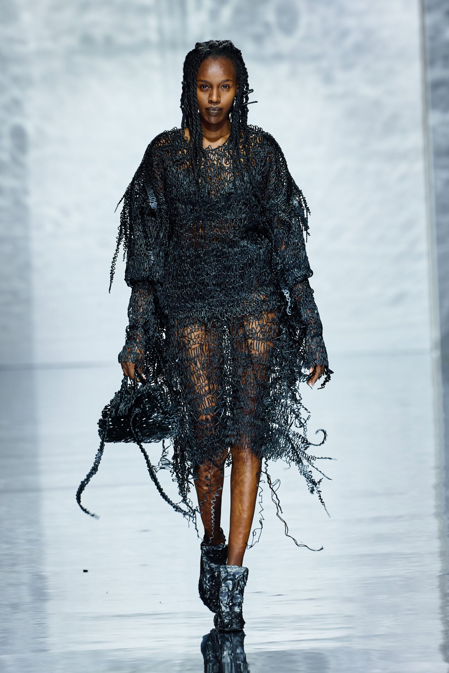 black mesh fringed midi dress