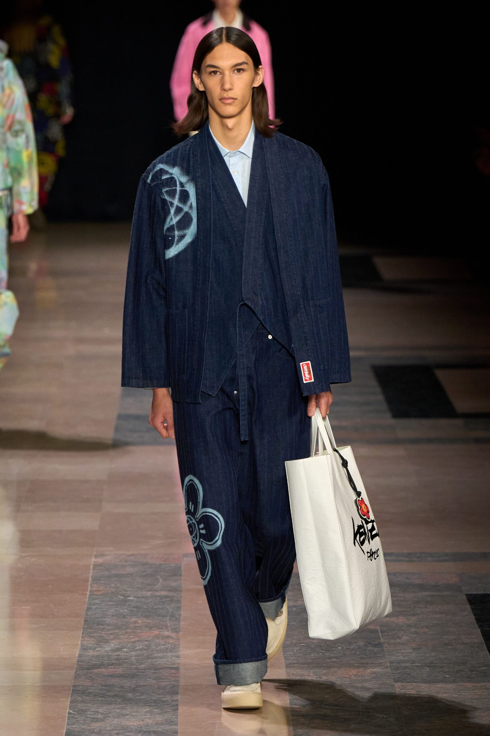 blue denim long-sleeve collared relaxed embroidered jacket