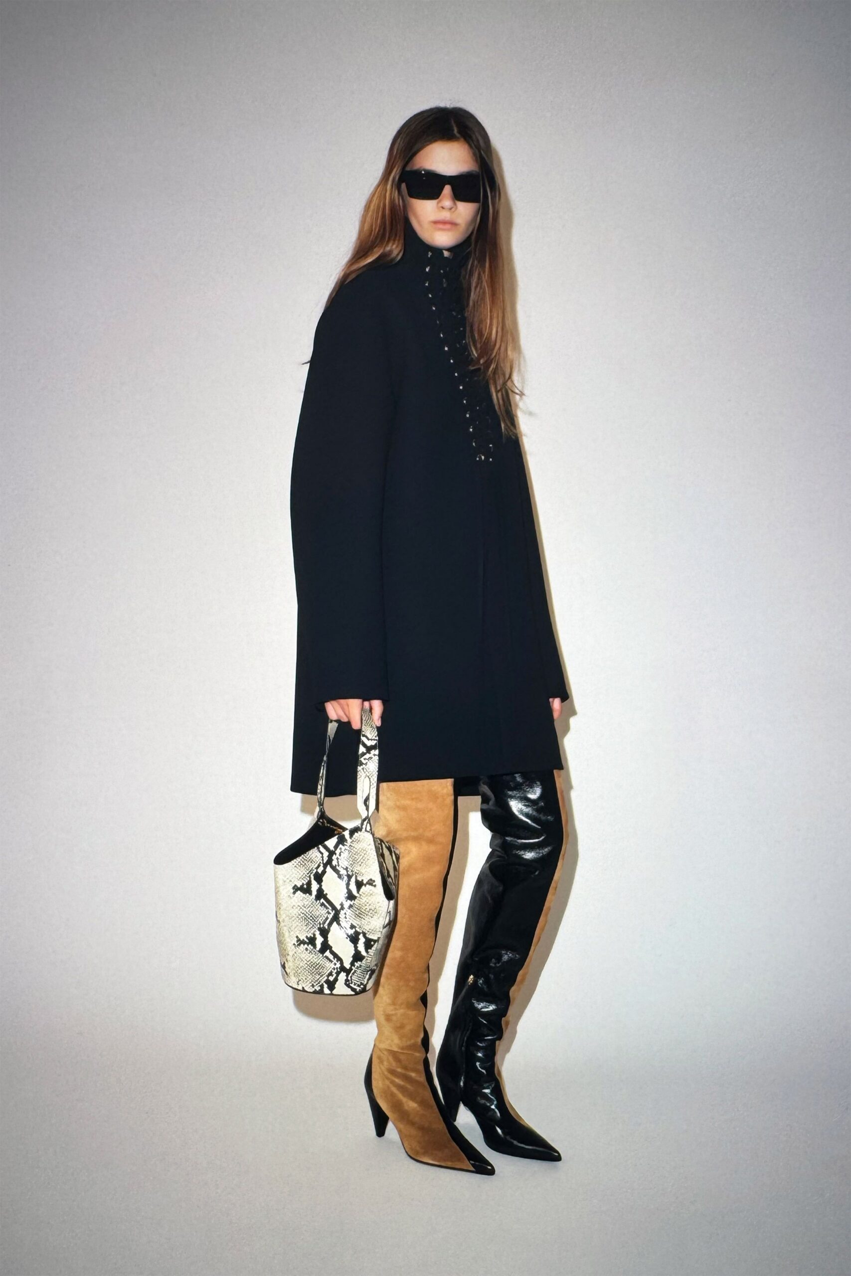 black oversized coat with mini dress