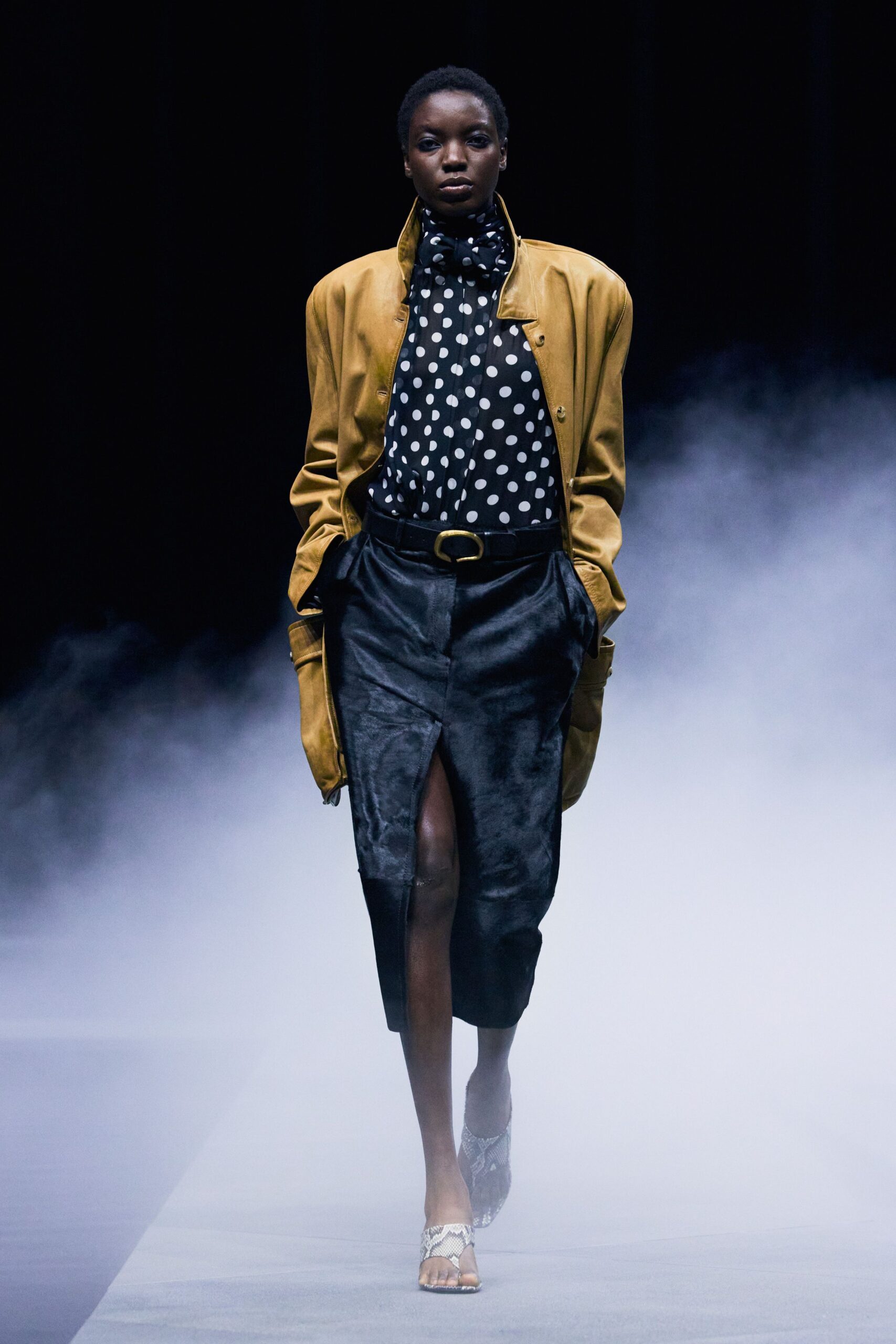 brown leather long-sleeve collared relaxed buttoned jacket