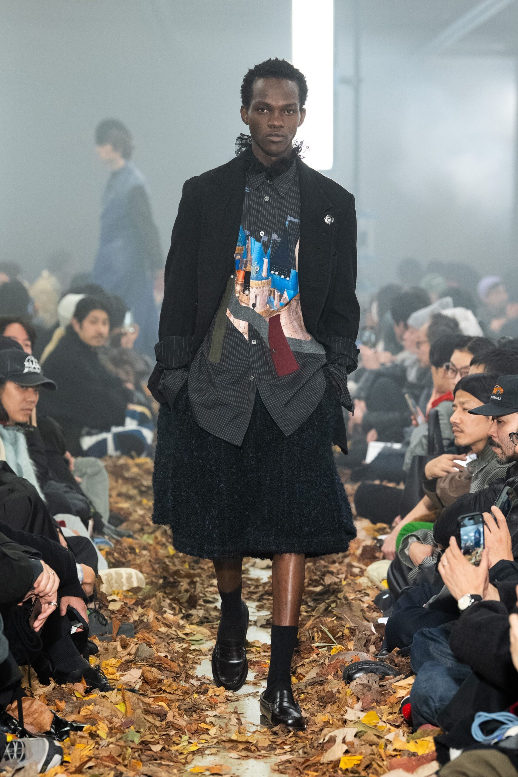 black wool jacket with printed shirt