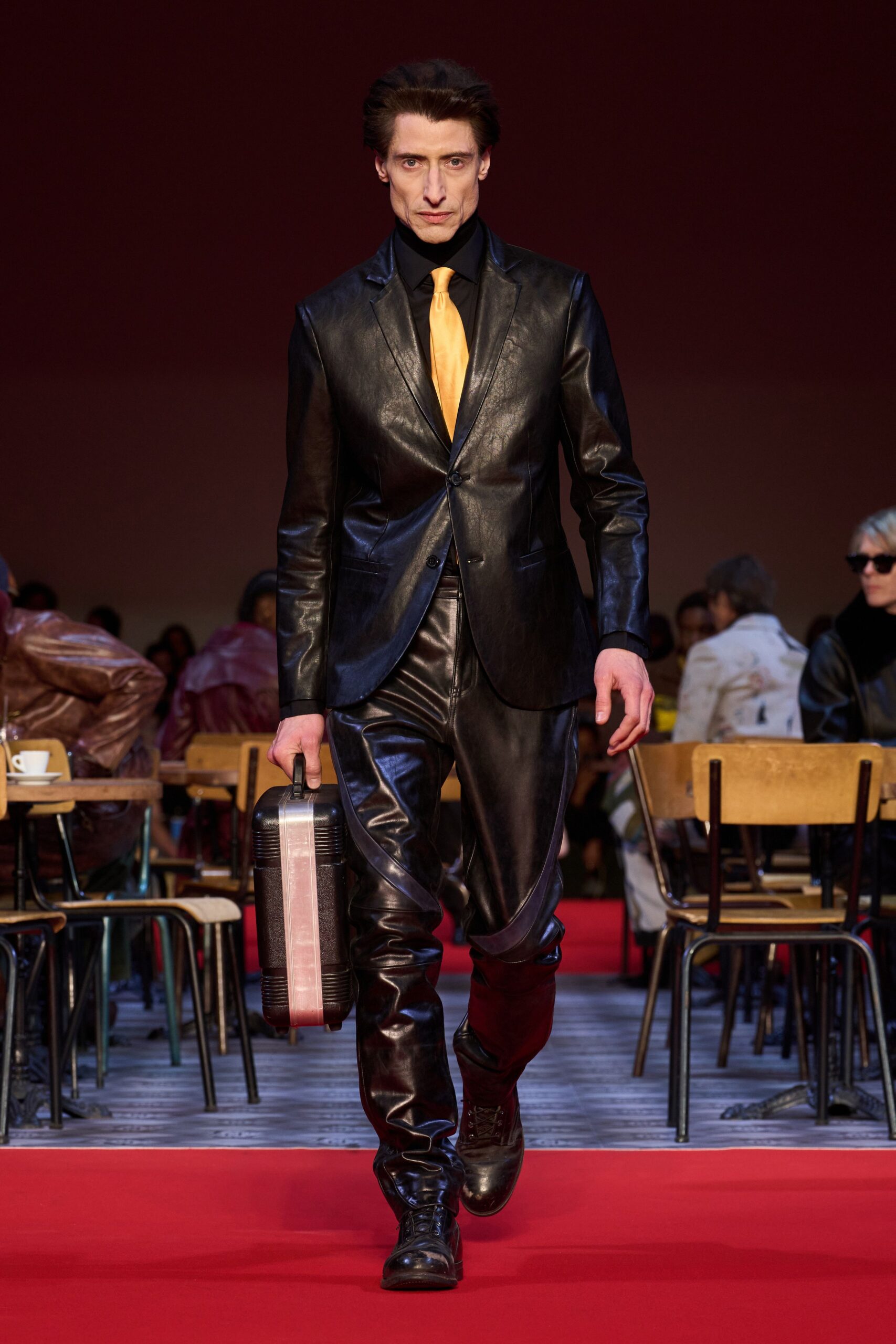 black leather long-sleeve collared fitted suit