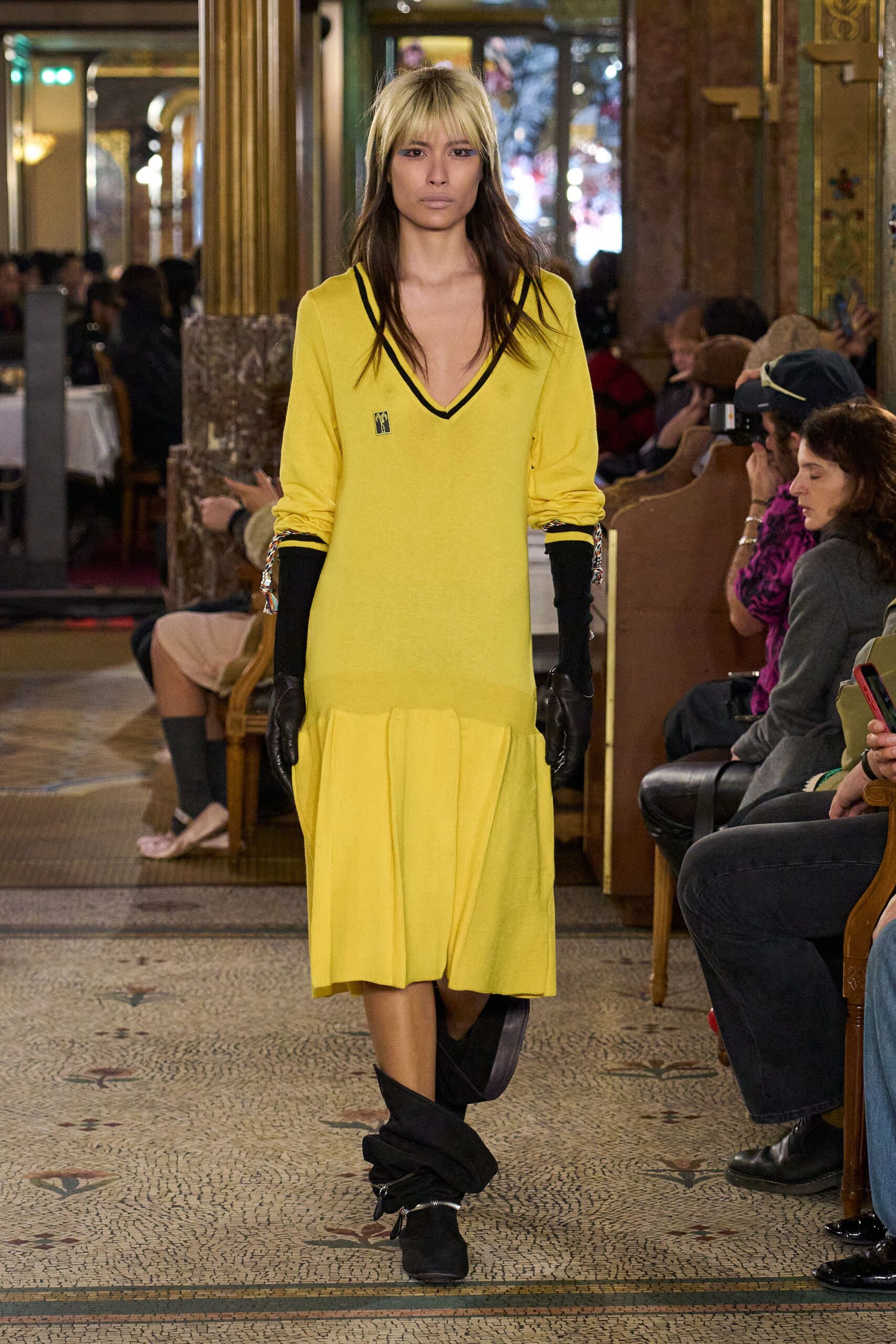 yellow cotton long-sleeve v-neck relaxed pleated midi dress