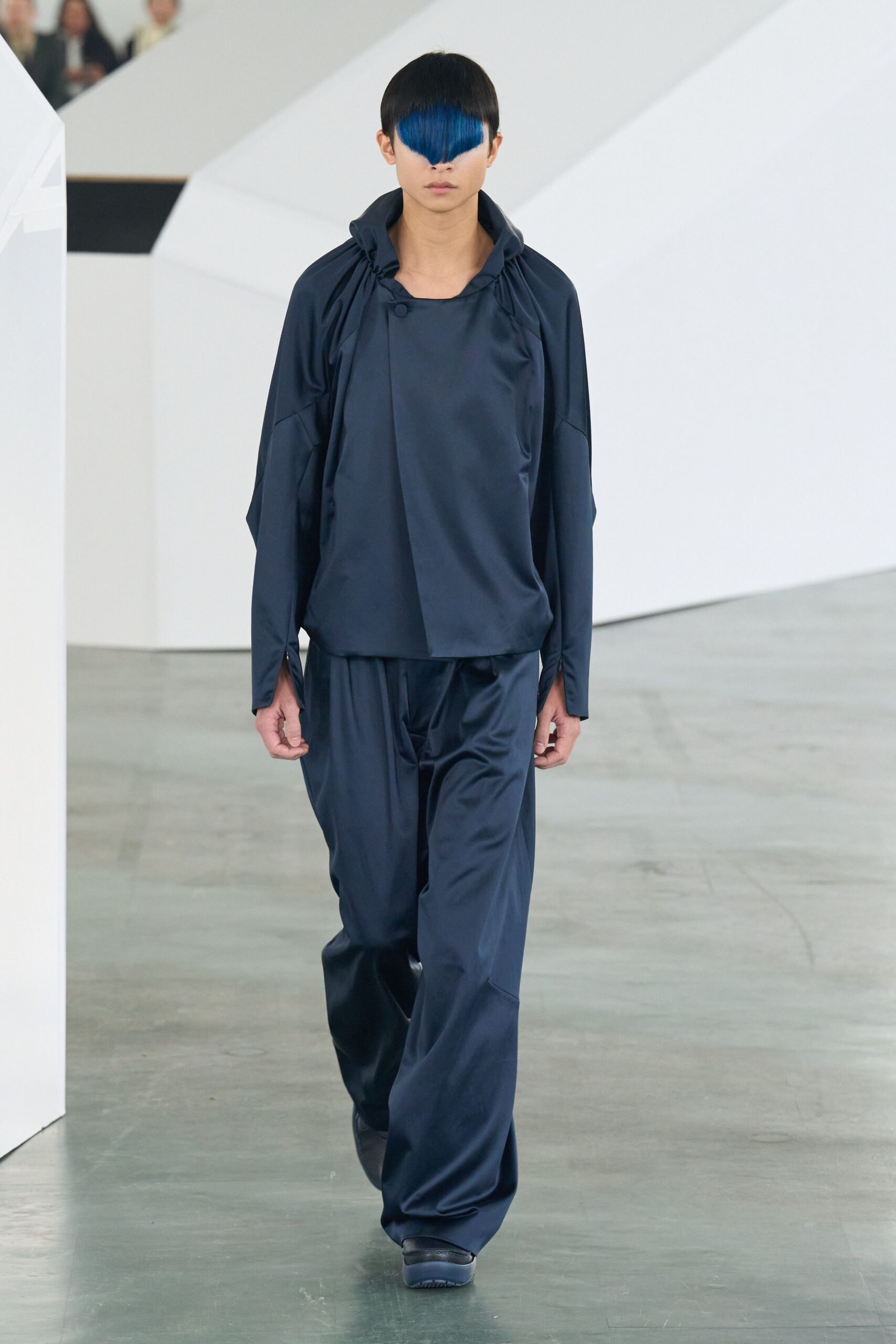 navy relaxed silk top and pants