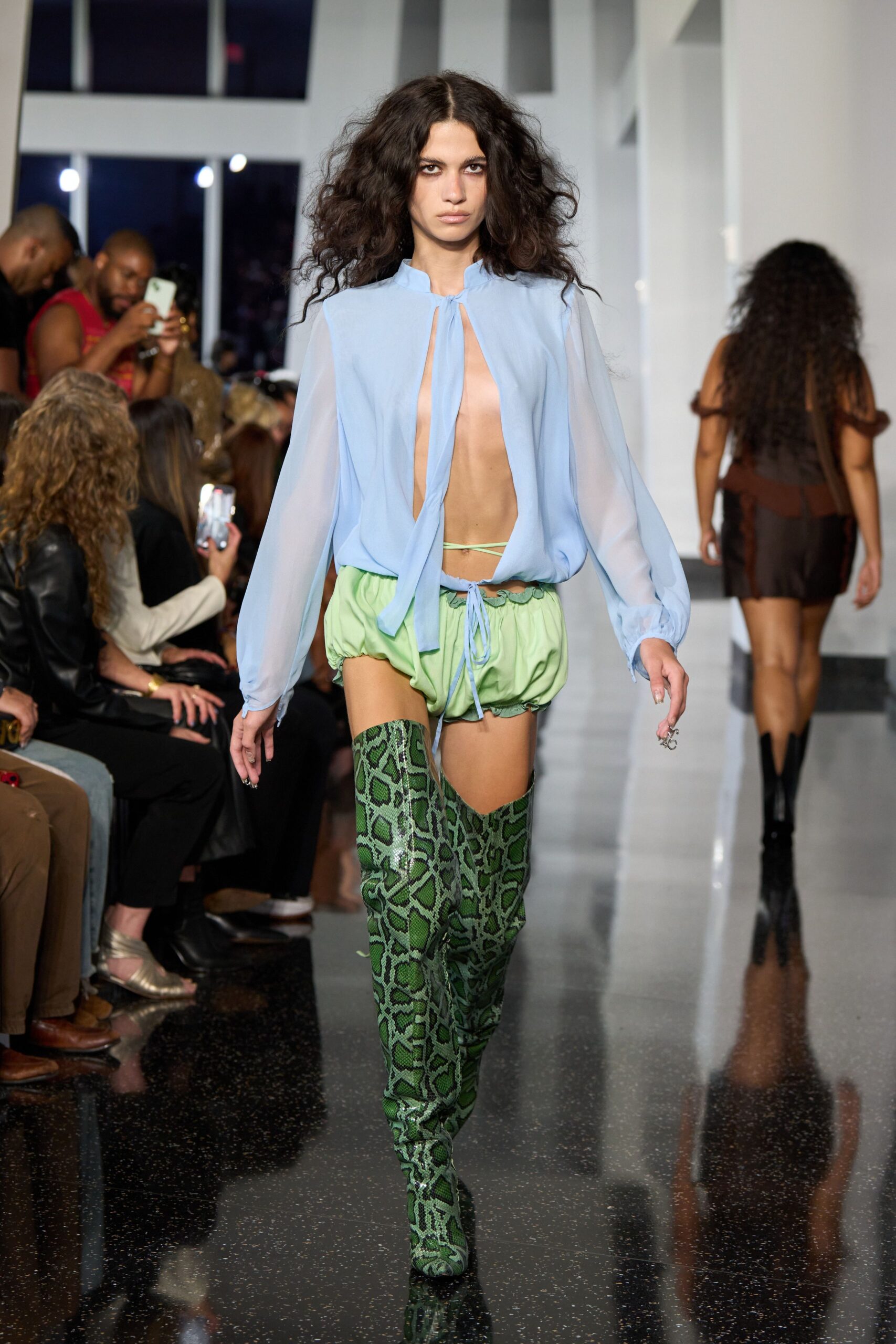 blue silk long-sleeve v-neck fitted sheer blouse