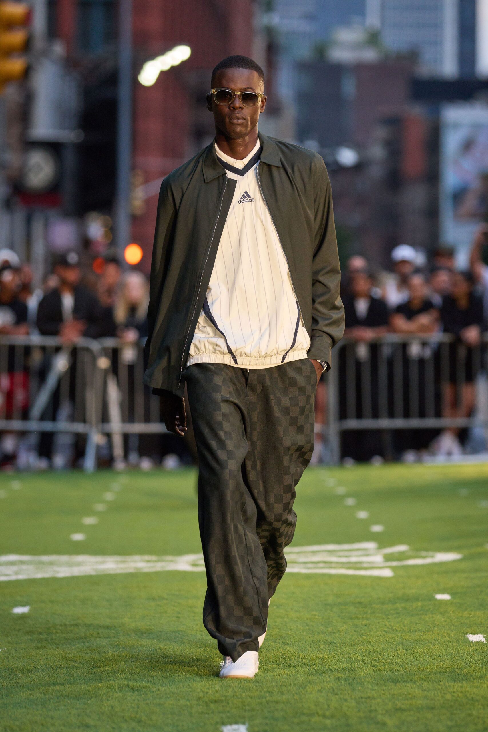 green relaxed jacket with white shirt