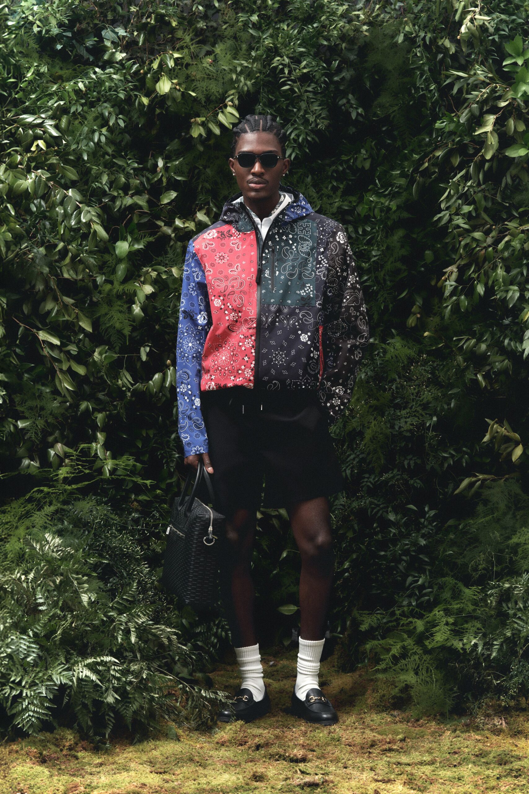 black cotton long-sleeve collared relaxed printed jacket