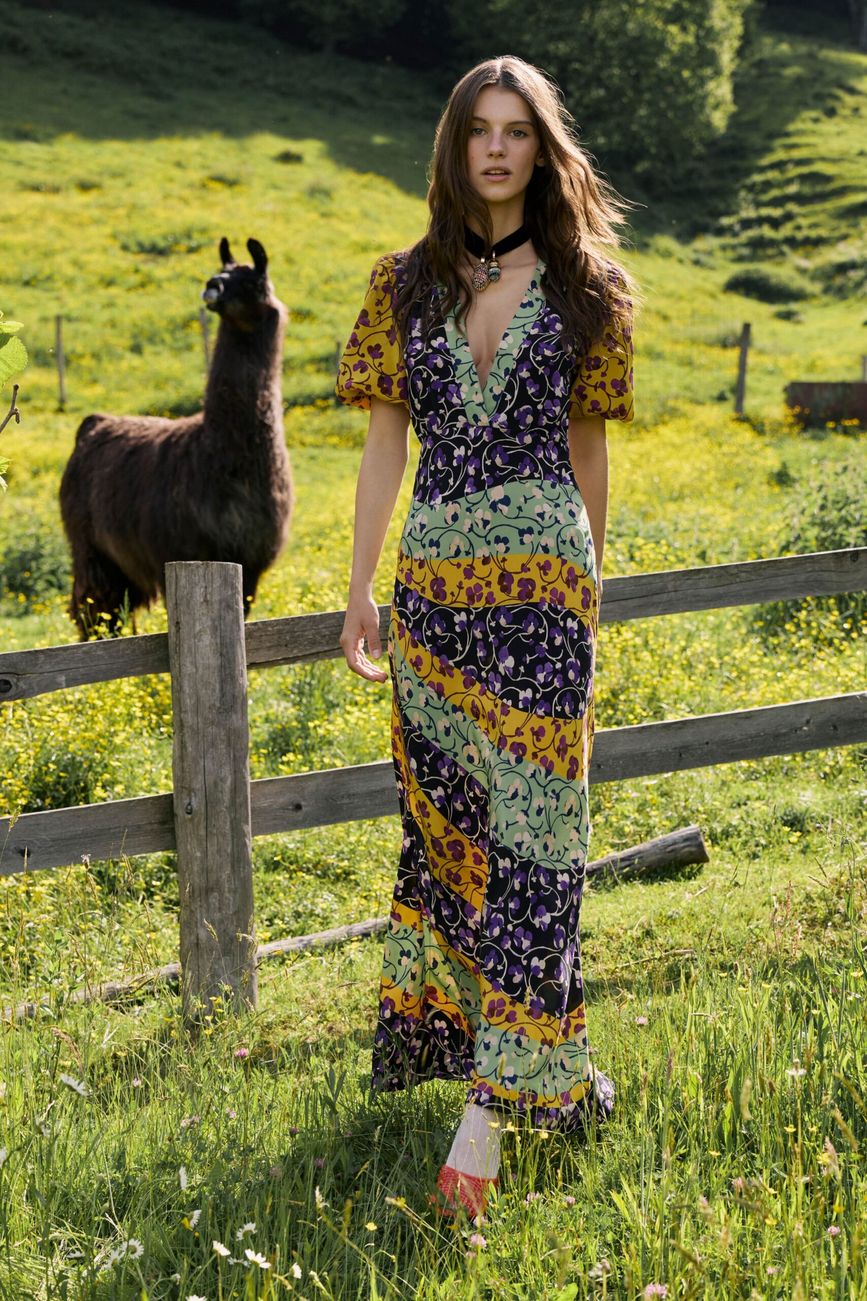 purple cotton short-sleeve v-neck fitted floral tiered maxi-dress
