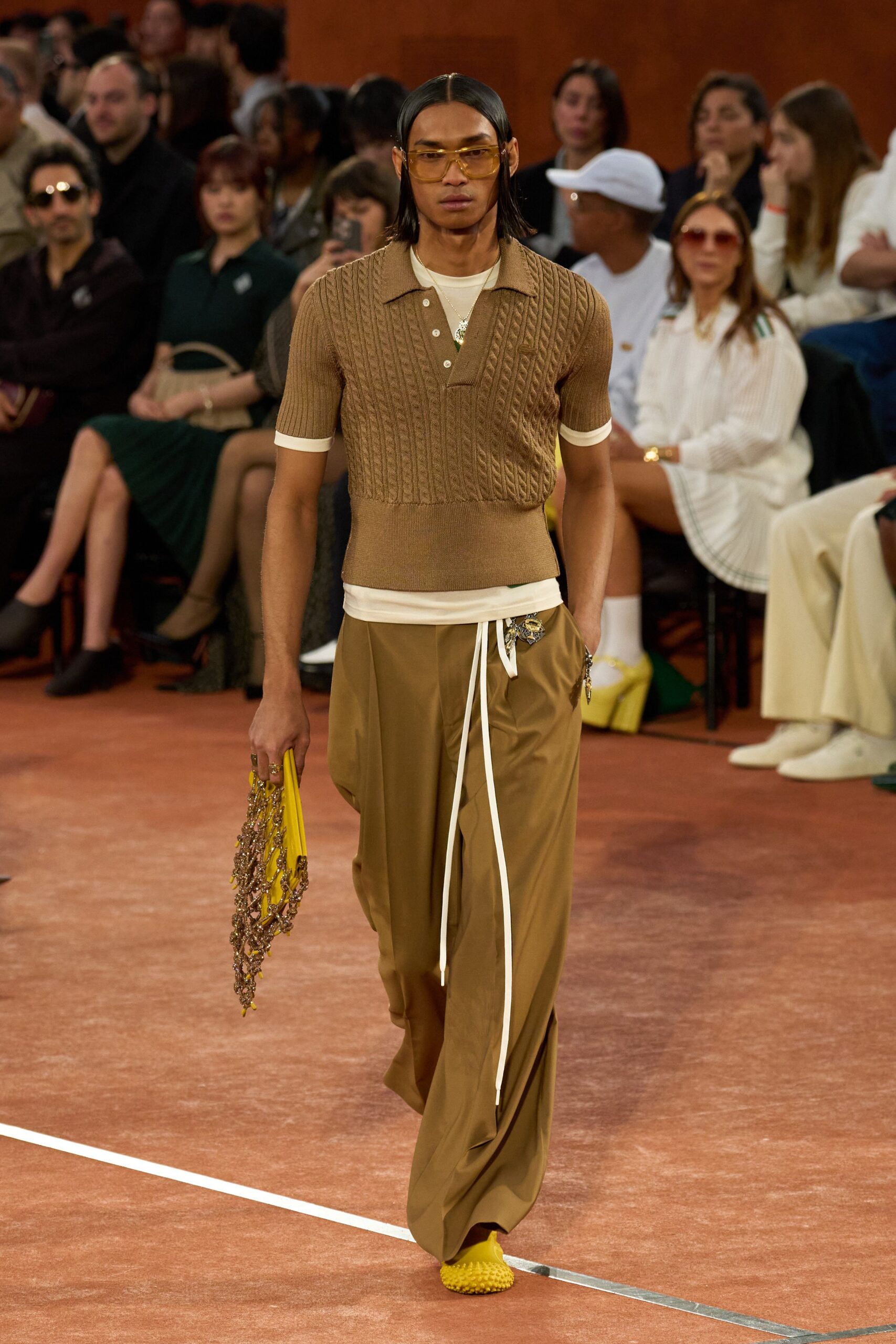 brown fitted shirt beige relaxed pants