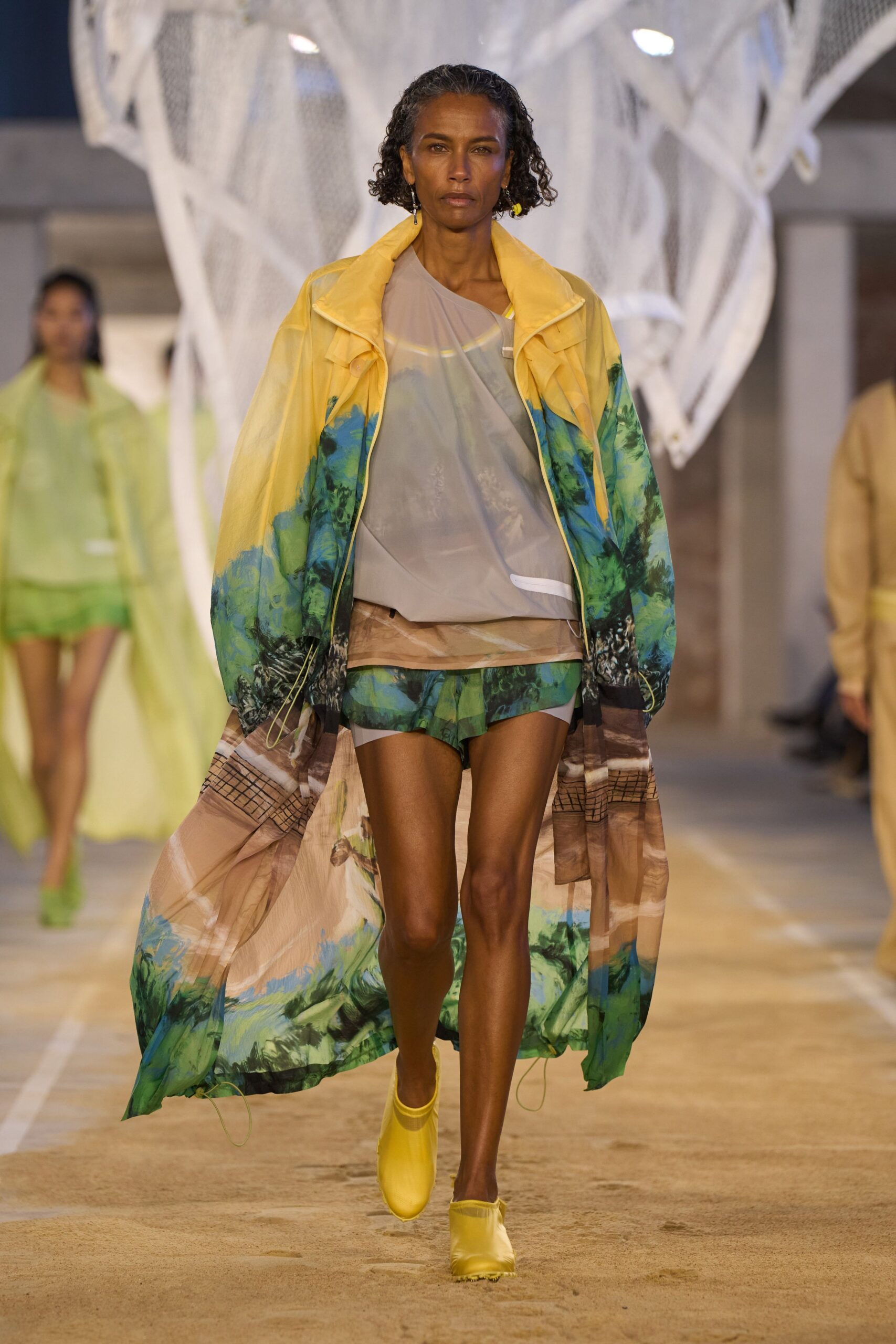 yellow silk long-sleeve relaxed layered flowing coat