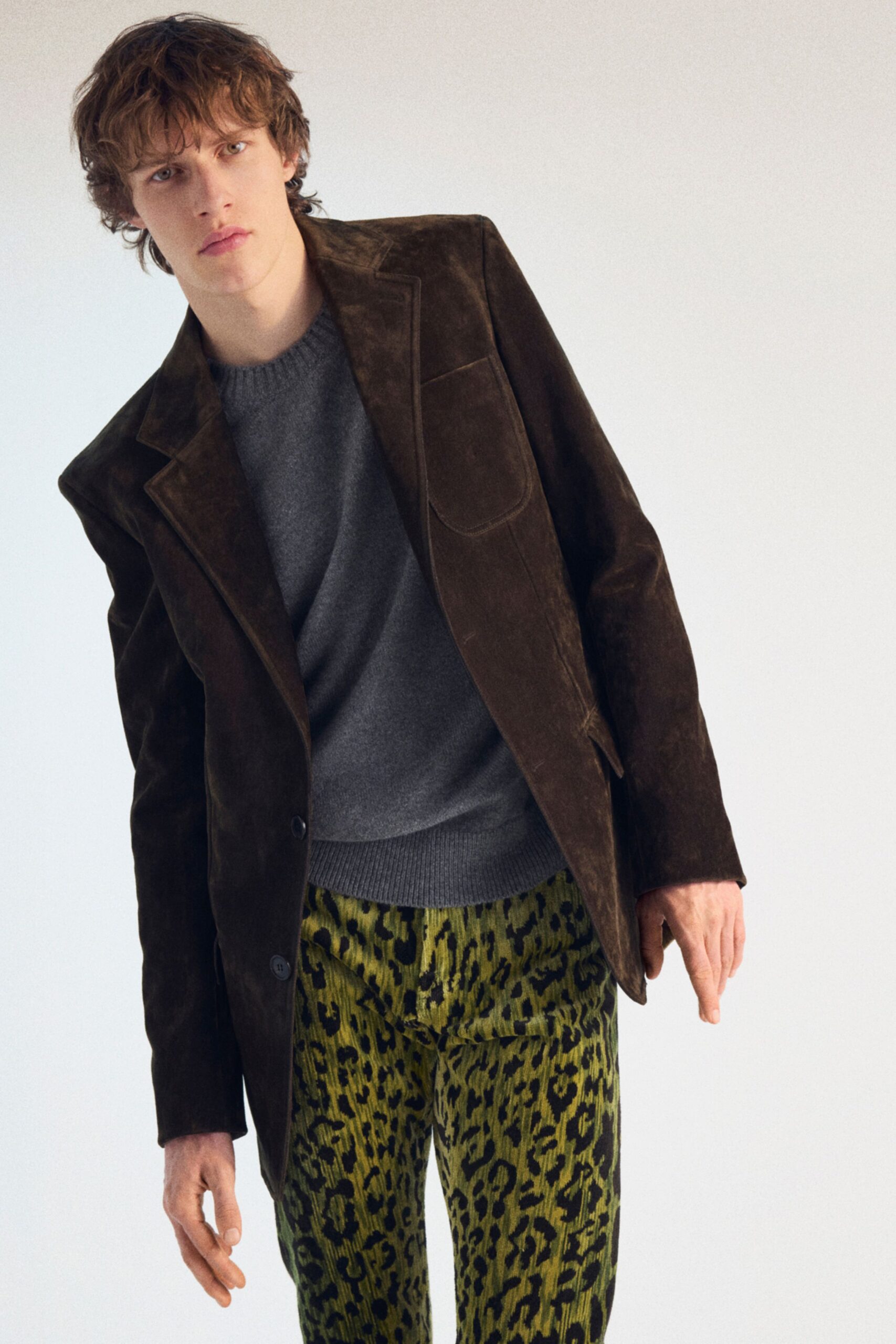 brown suede long-sleeve collared structured blazer
