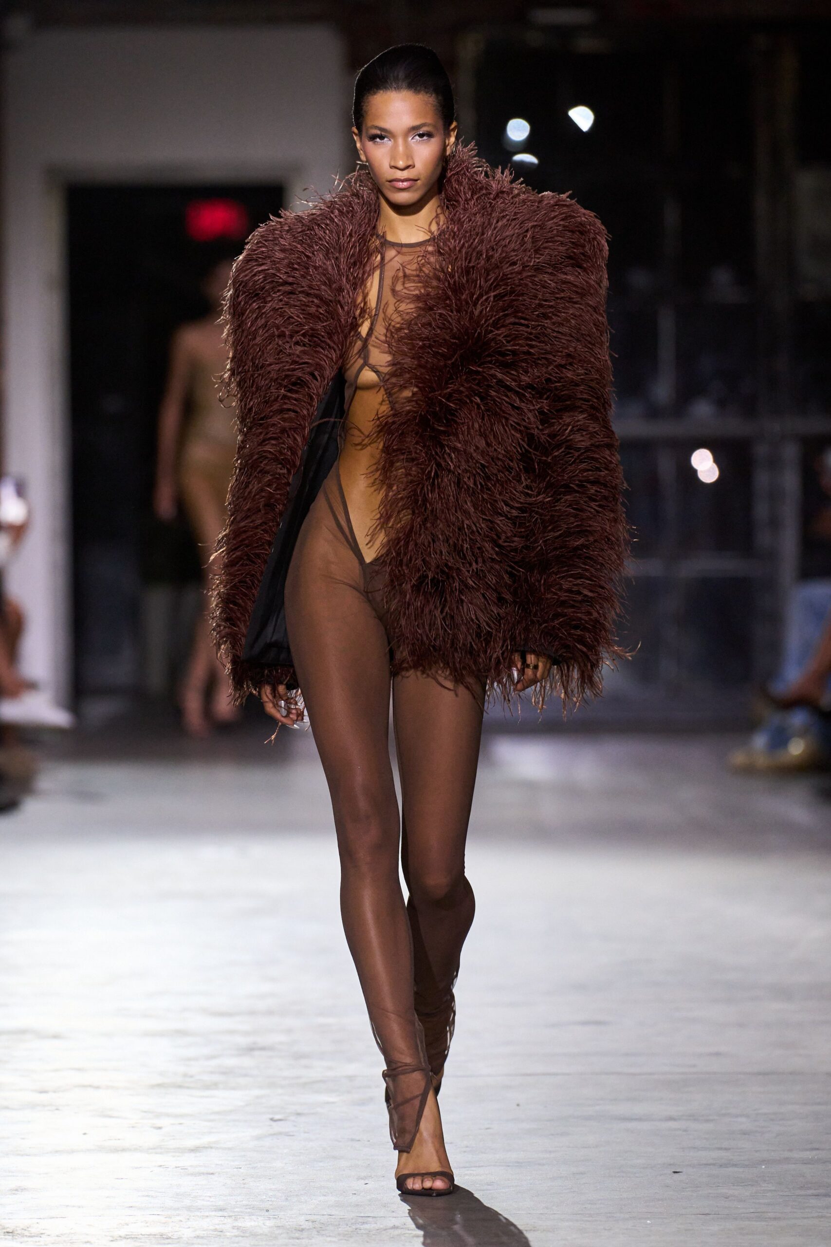 brown fur oversized coat with nude bodysuit