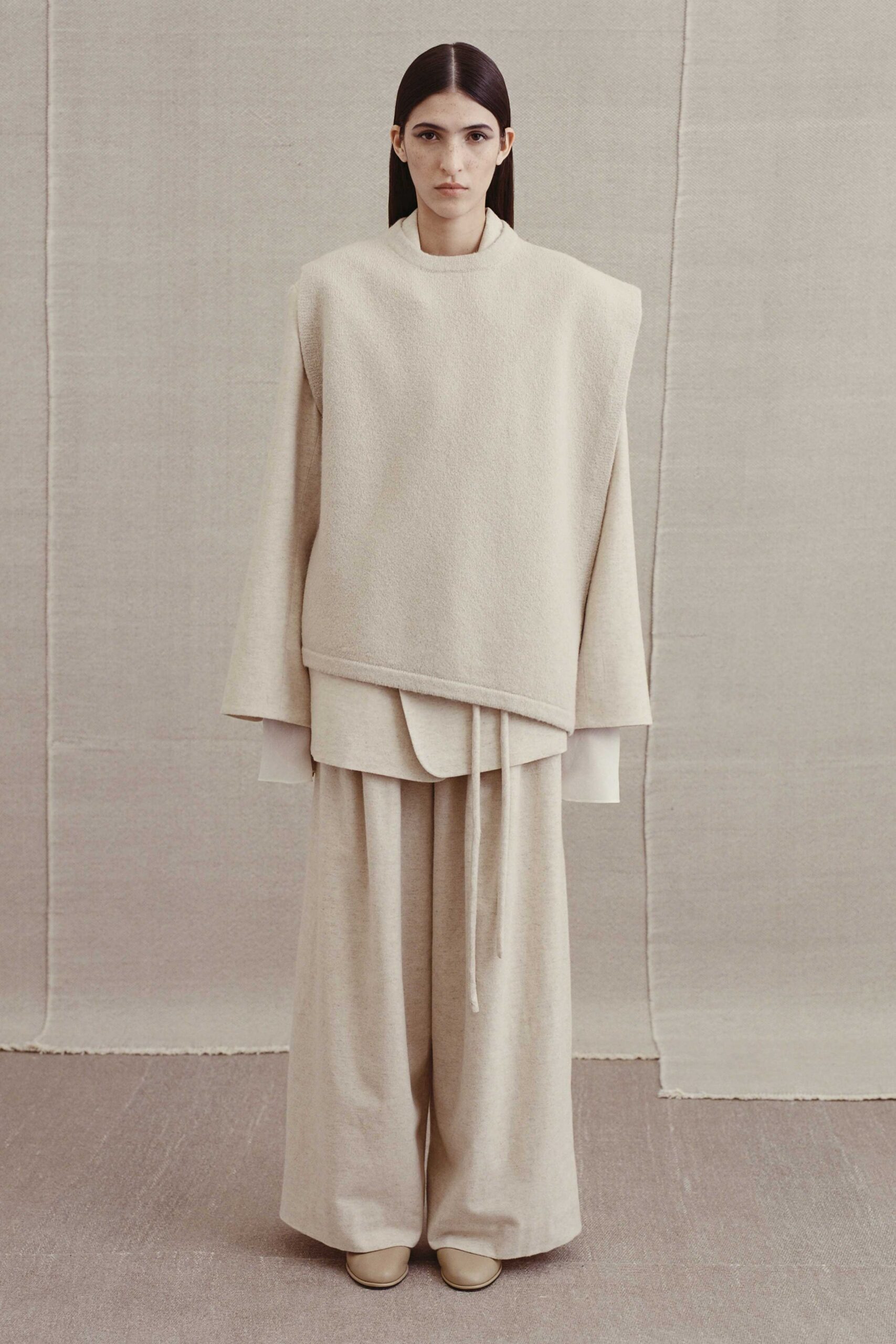 beige wool long-sleeve asymmetric relaxed top