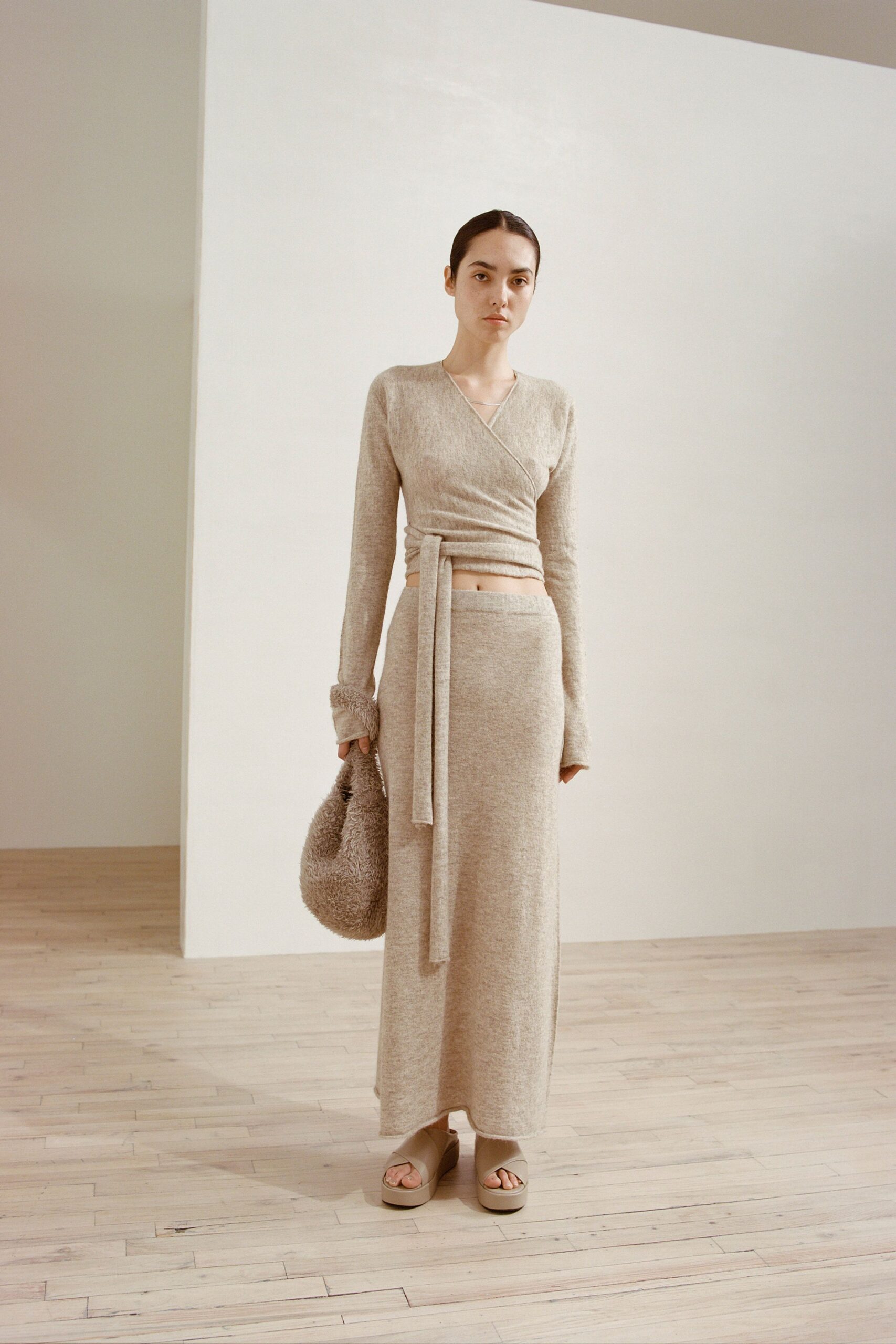 beige wool fitted straight-leg maxi skirt