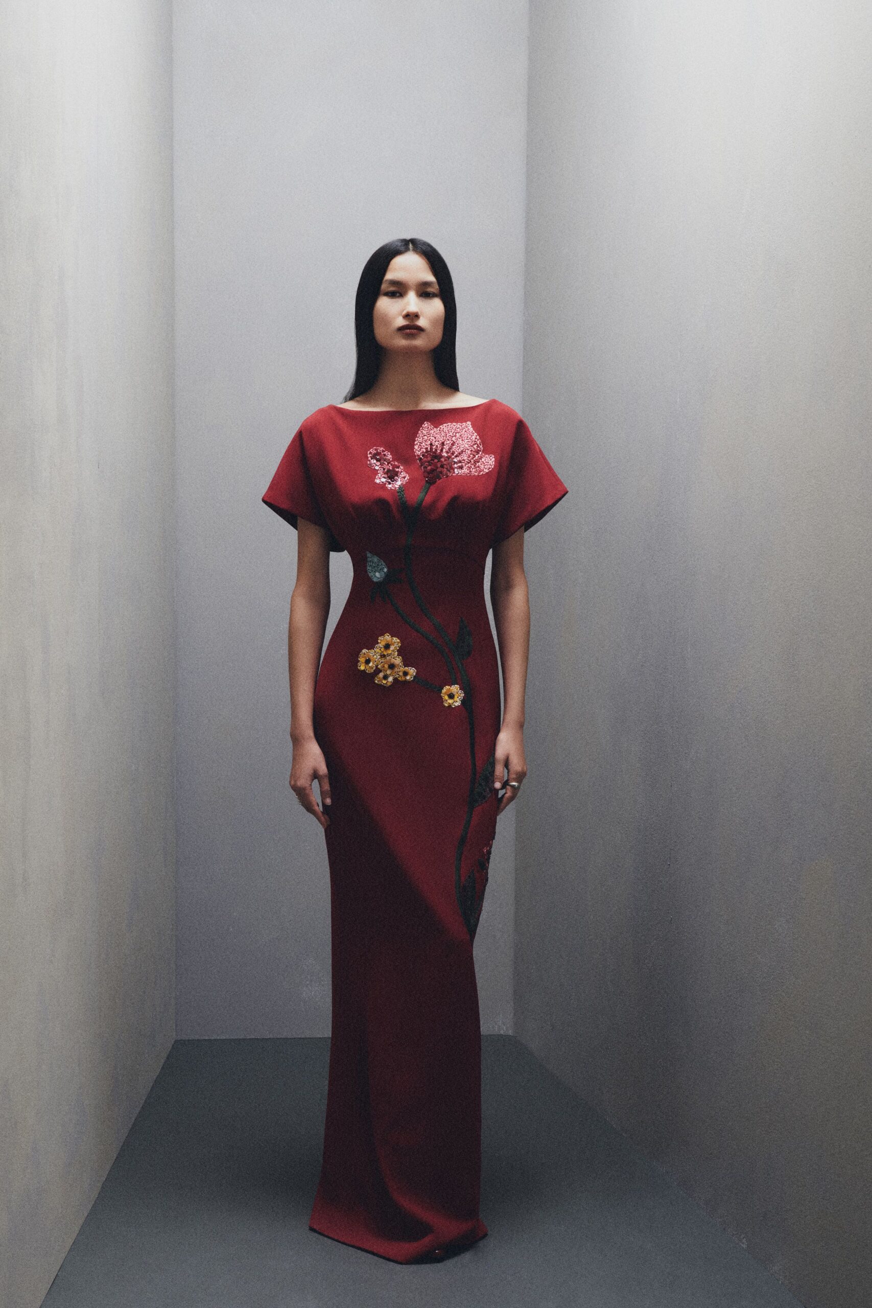red silk embroidered gown