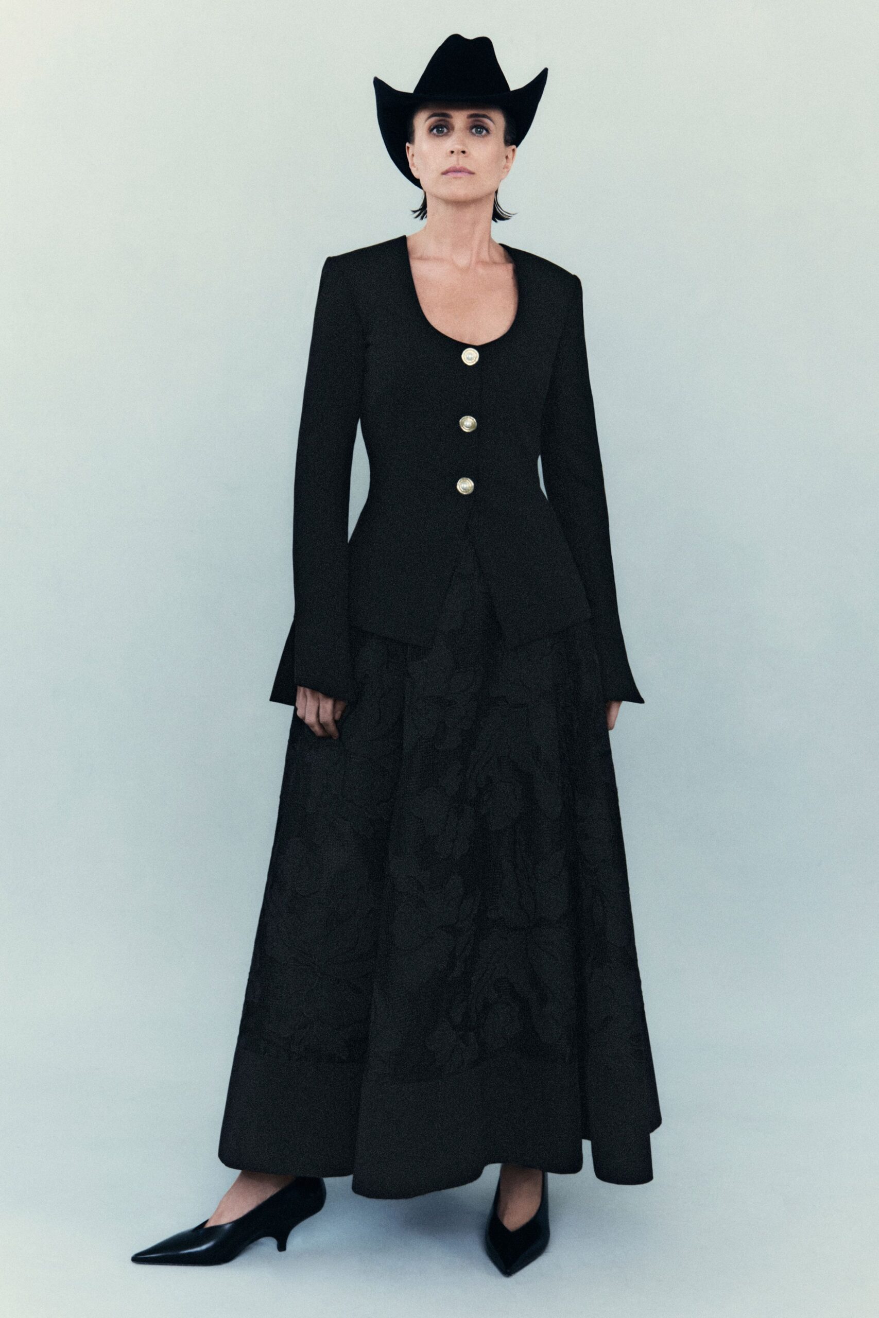 black silk fitted flared maxi skirt